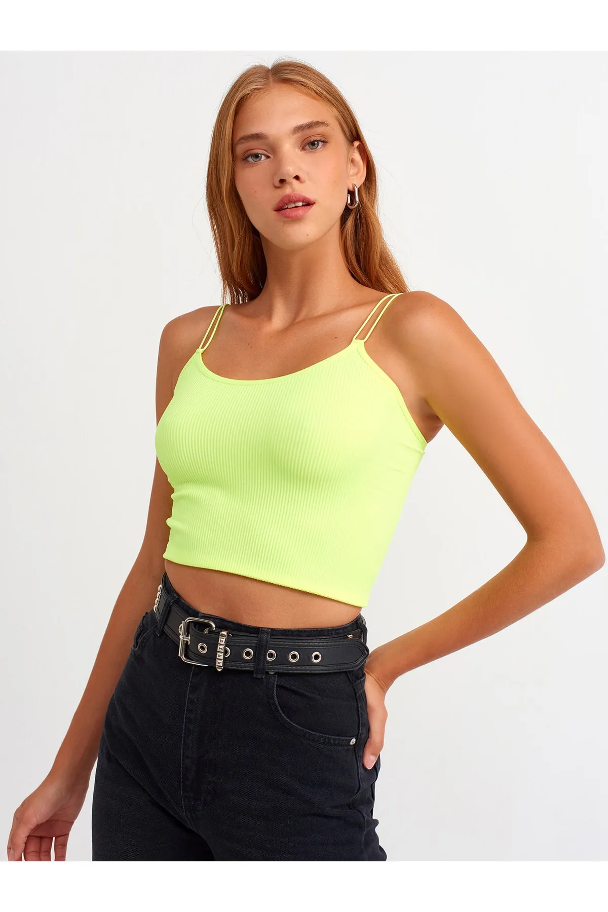 Dilvin  Neongelbes elastisches Crop Top