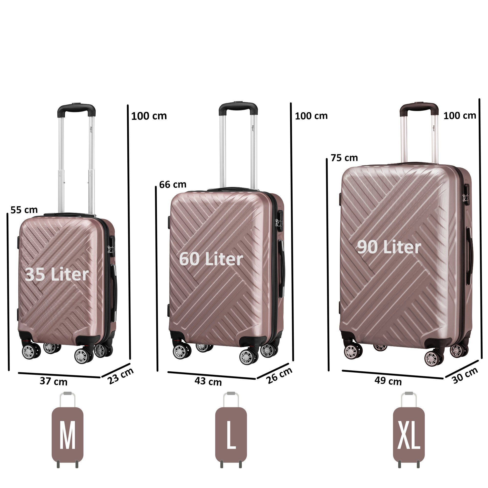 Zelsius Kofferset Koffer Set 3 Stück, Rosé, ABS Hartschalenkoffer mit Schloss, 4 schwenkbare Rollen Rollen, (Set, 3 tlg., 3er Koffer-Set)
