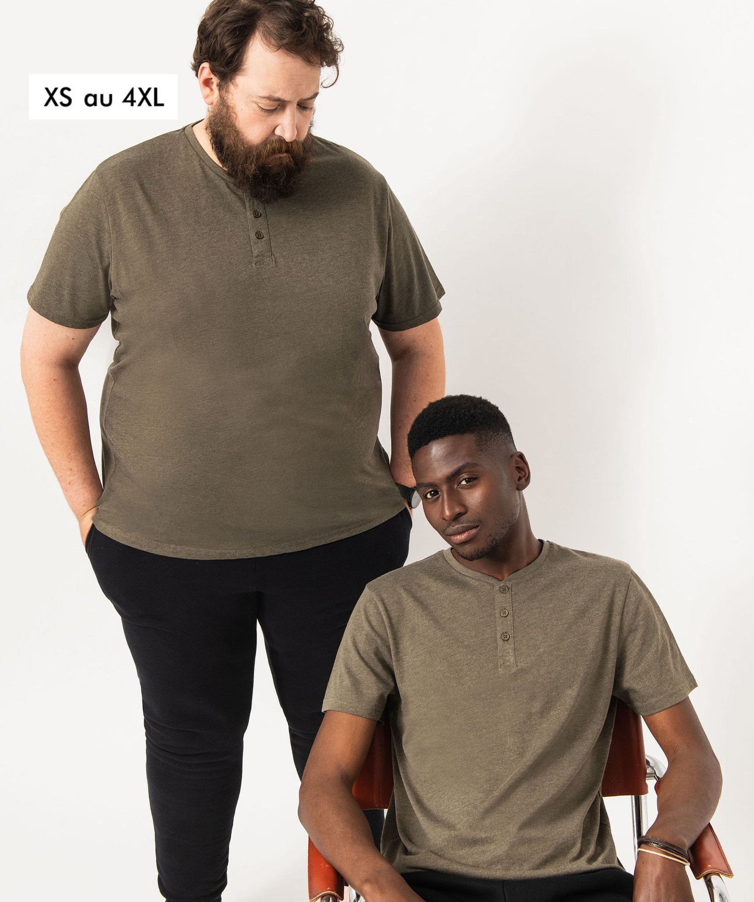 Tee-shirt homme col tunisien à manches courtes kaki | GEMO