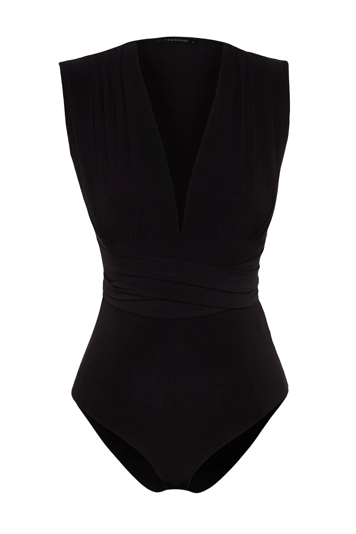 Trendyol Collection  Figurbetonter Stretch-Strickbody mit V-Ausschnitt und Druckknöpfen, Black Tie-Details TWOSS23BD00055