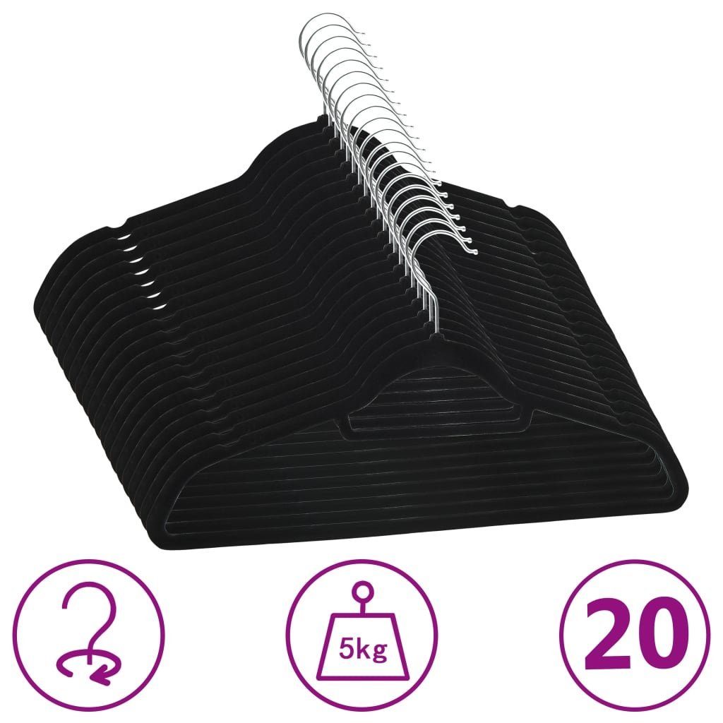 vidaXL Kleiderbügel 20 Stk. Kleiderbügel-Set Anti-Rutsch Schwarz Samt, (20-tlg)