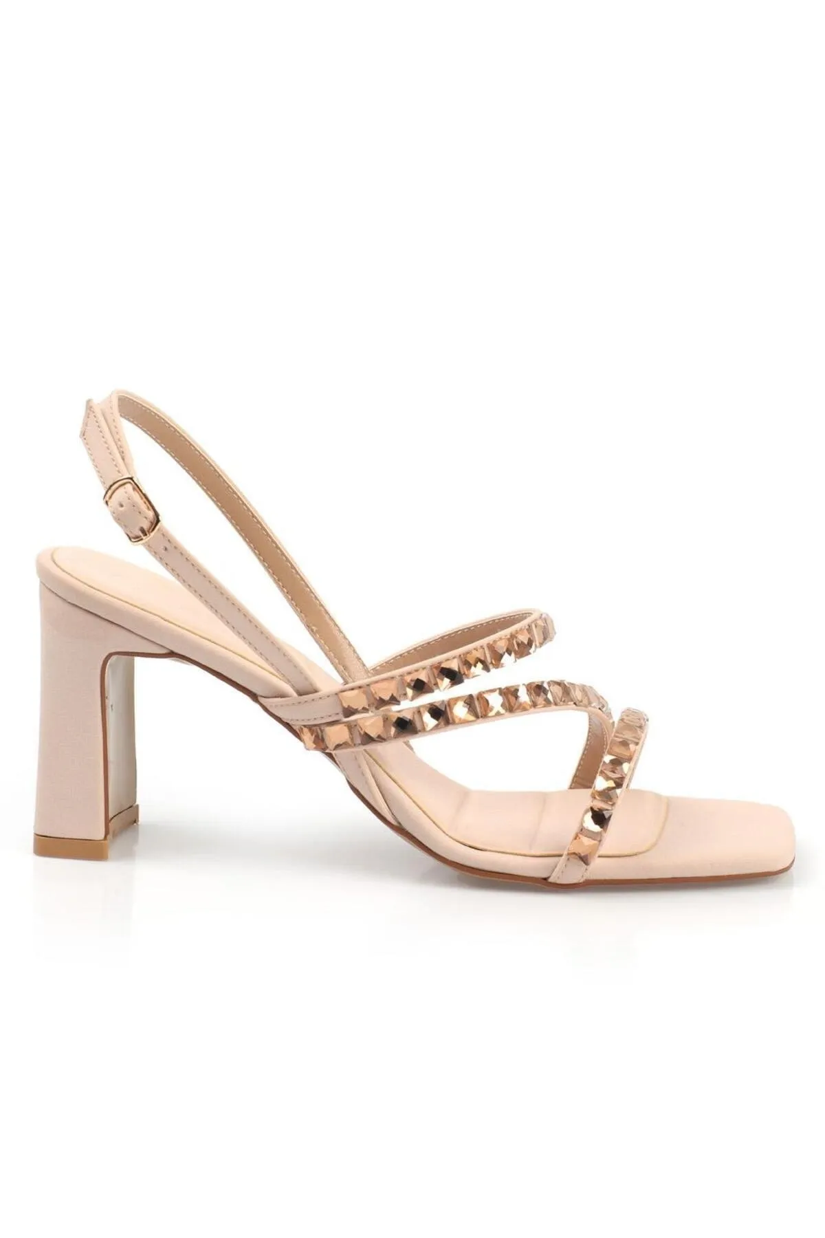 Capone Outfitters  Capone Blunt Toe Stone Three Stripes Damensandalen mit mittelhohem Absatz in mattem Satinbeige