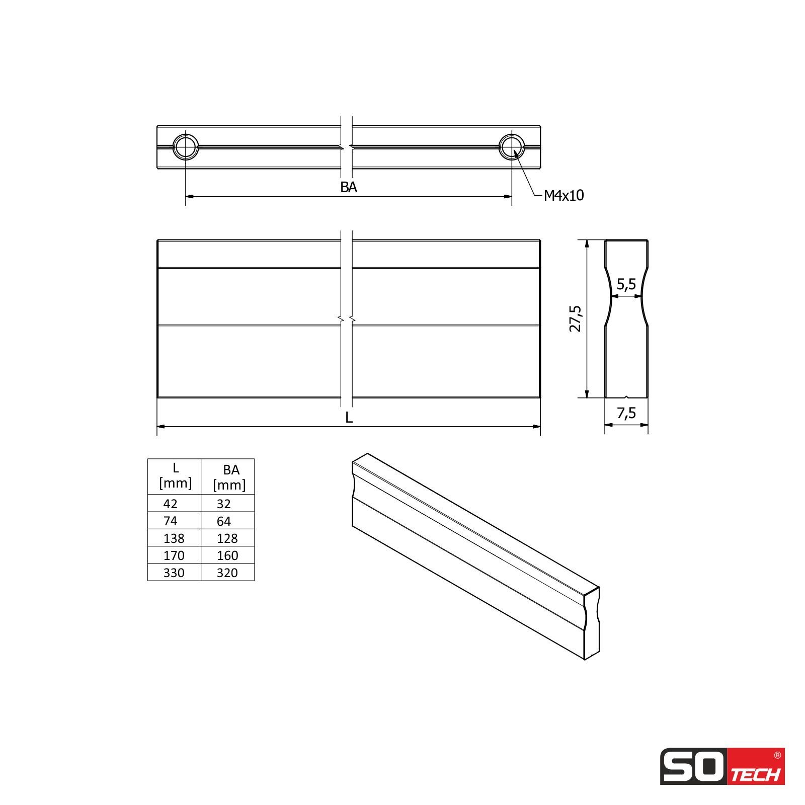 SO-TECH® Möbelgriff Griffleiste LONA Aluminium, inkl. Befestigungsschrauben, L x B x H 42 x 7,5 x 27,5 mm, Bohrlochabstand: 32 mm