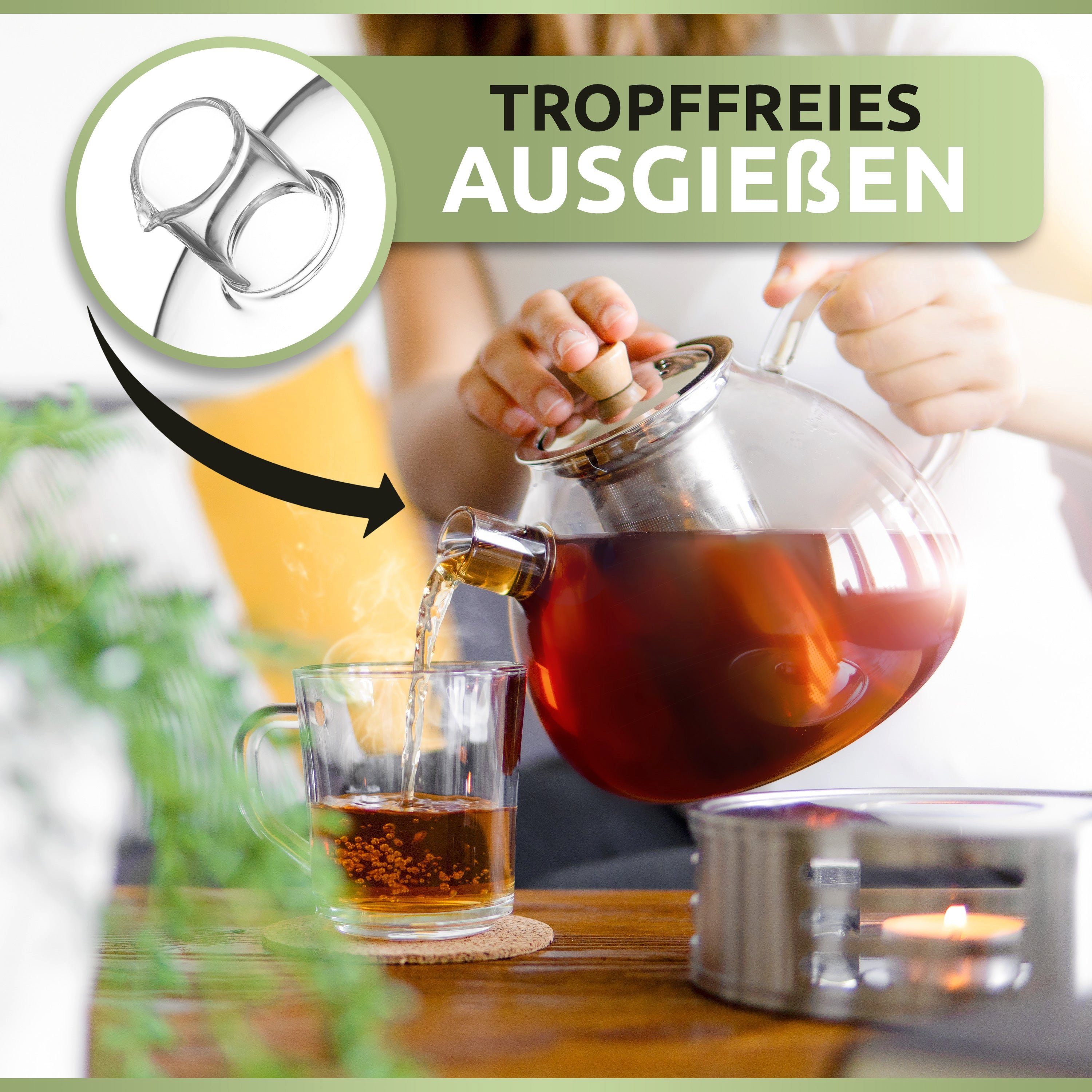 PORADA Teekanne Teekanne Glas 1500ml mit Edelstahl Erhitzer Teesieb Siebeinsatz, 1.5 l, (Set, 1x Teekanne, 1x Erthitzer, 1x Teesieb, 1x Deckel), Handarbeit, extra Erhitzer, Stövchen, Edelstahl, Borosilikatglas