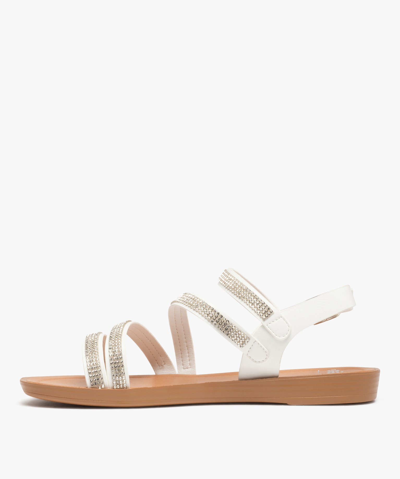 Sandales femme plates à brides strass unies blanc | GEMO