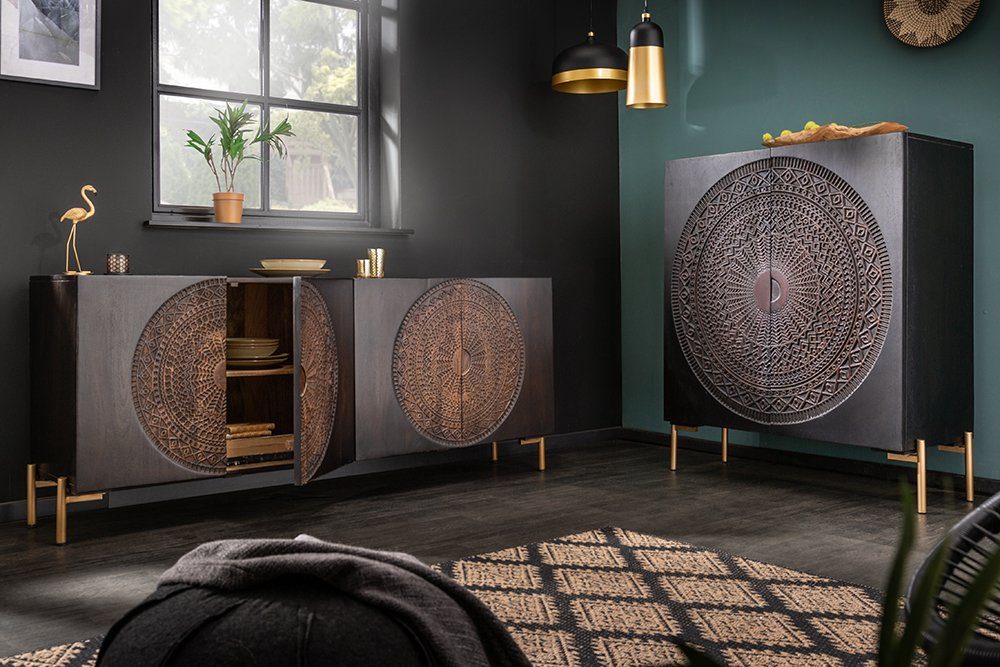 riess-ambiente Highboard MANDALA 120cm schwarz / gold, Massivholz · Schrank · Kommode · Wohnzimmer · Mango · Boho