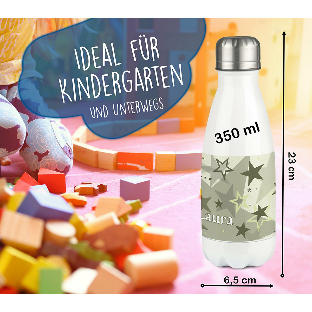 Edelstahl Kinder Thermoflasche / Trinkflasche bunt Sternenhimmel Farbe grau beige Spülmaschinenfest, Auslaufsicher, Bruchfest, Doppelwandig, Für Heißgetränke geeignet, Mit Deckel, Isoliert