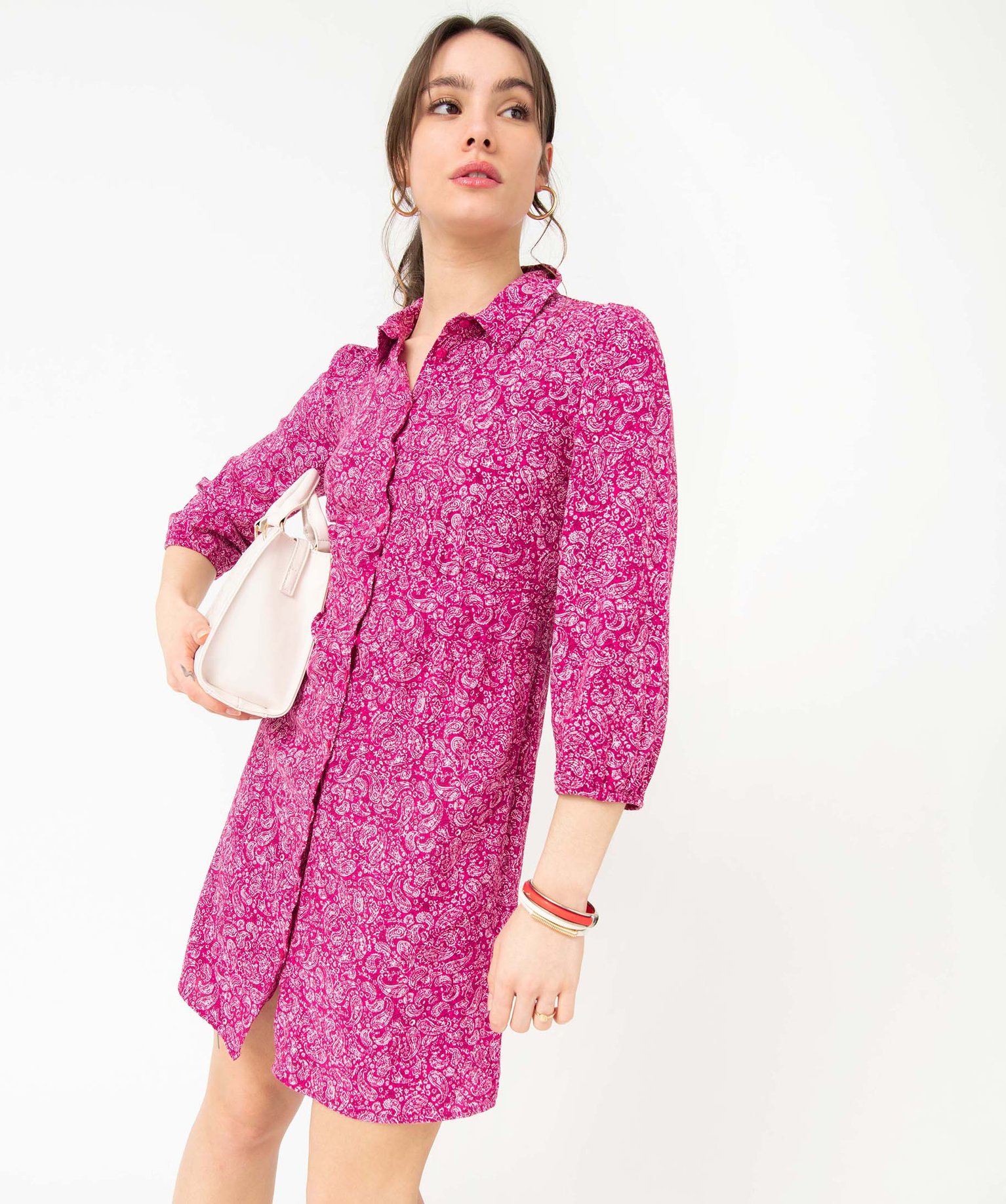 Robe femme imprimée à manches longues et col chemise imprime | GEMO