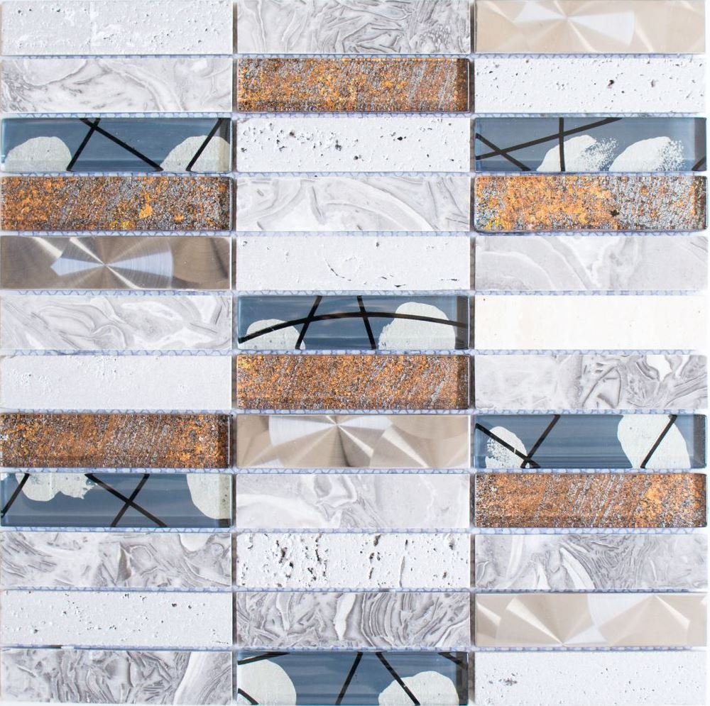 Mosani Mosaikfliesen Riemchen Rechteck Mosaikfliesen Glasmosaik Edelstahl Resin grau