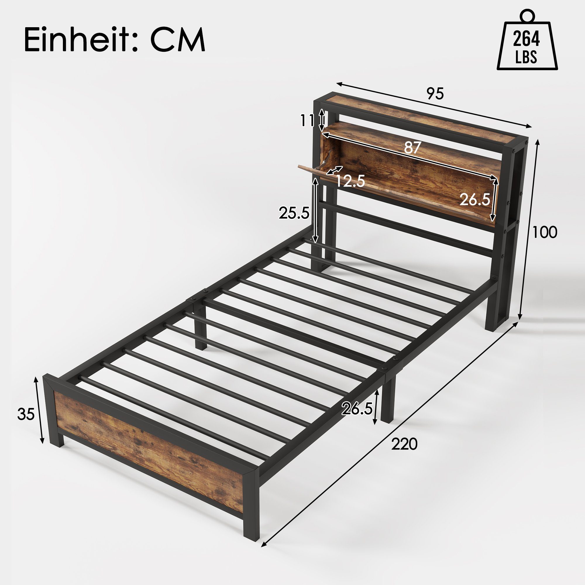 Flieks Metallbett, Einzelbett mit Stauraumfach 90x200cm Eisen Bettgestell