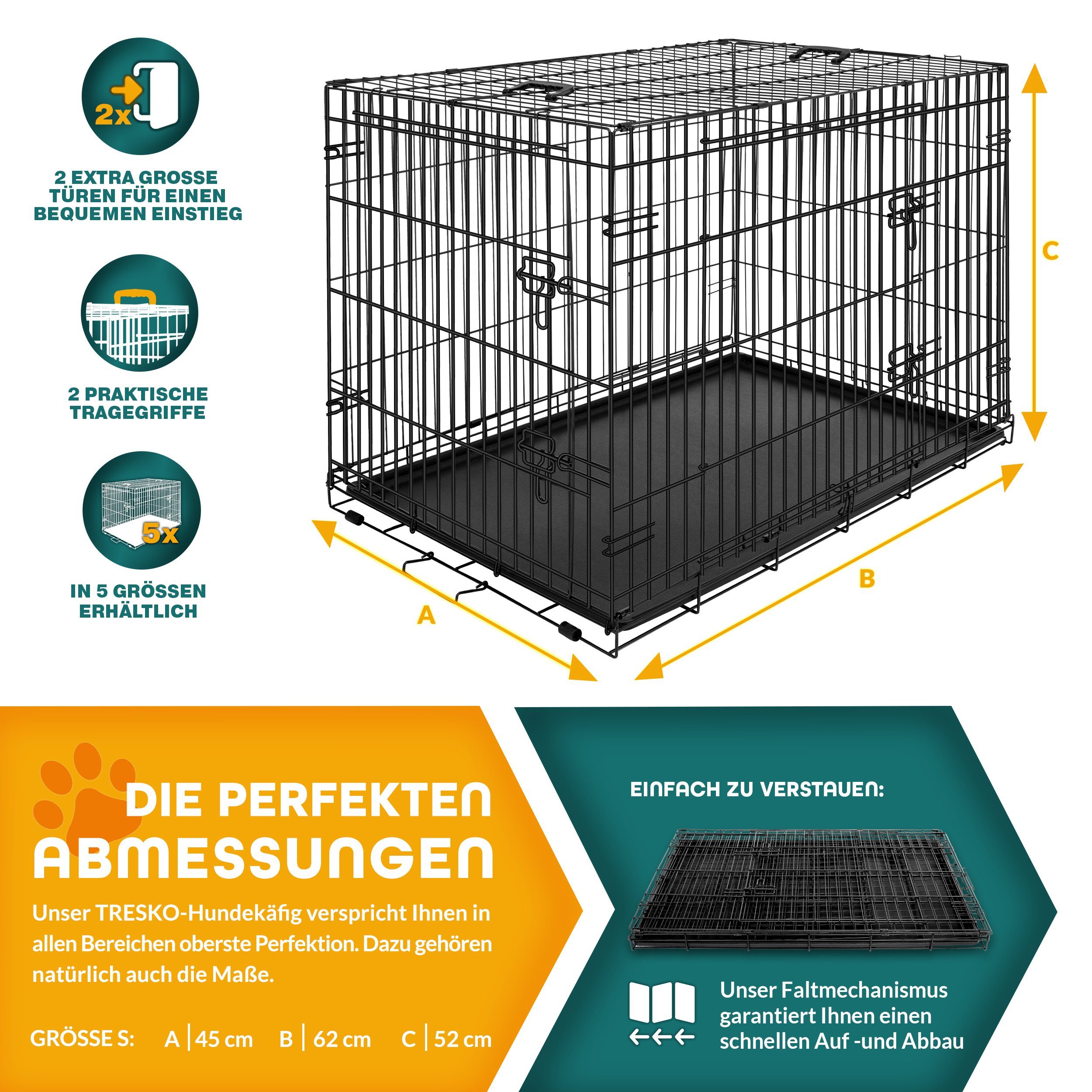 TRESKO Hundekäfig Metall Transportkäfig Auto faltbar mit 2 Türen, Hundebox mit Bodenschale, Transportbox Drahtkäfig