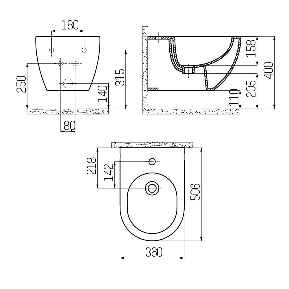 Creavit Bidet FE510-00CB00E-0000, oval, wandhängend, einzel, 1 tlg.