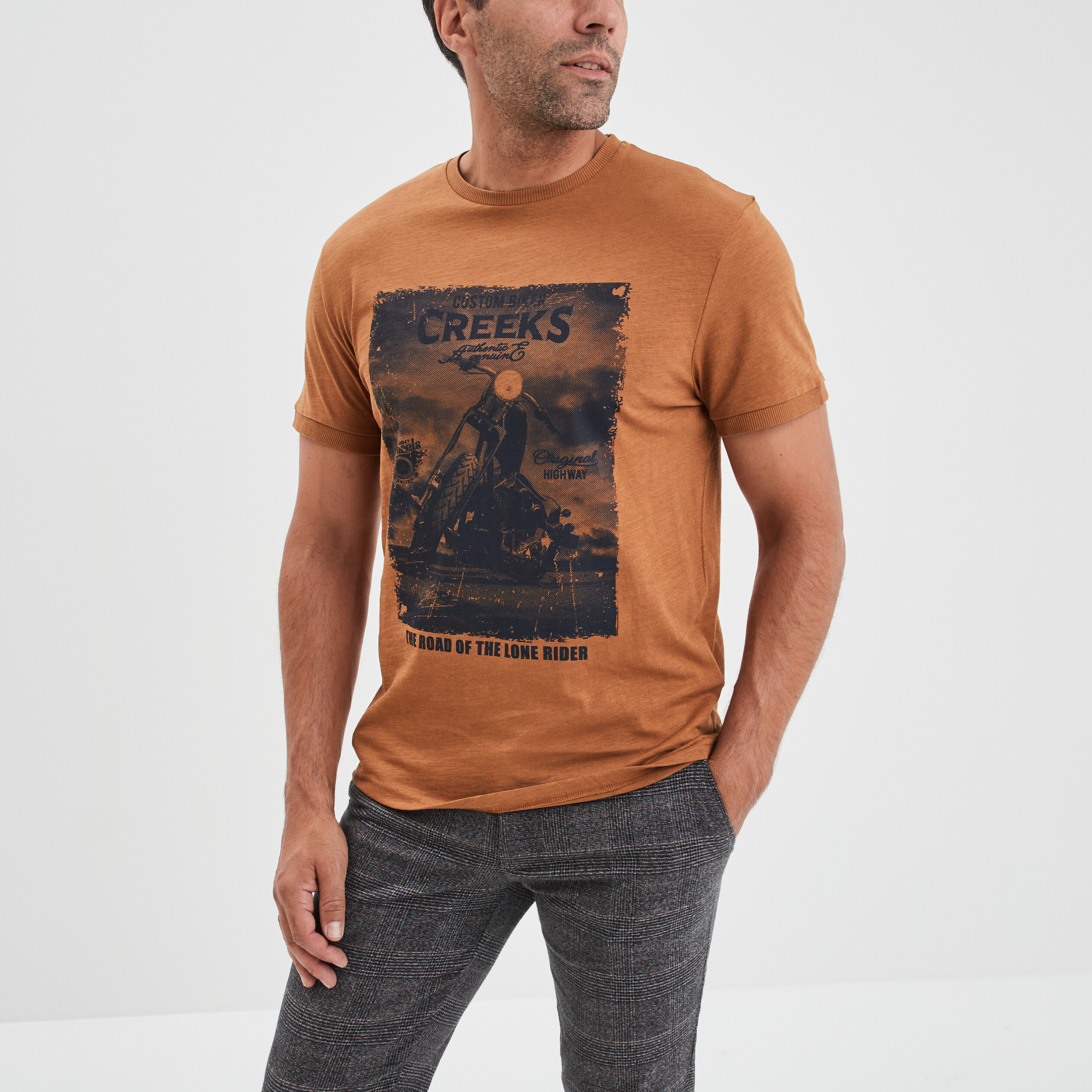 T-shirt manches courtes coton Creeks marron homme | La Halle