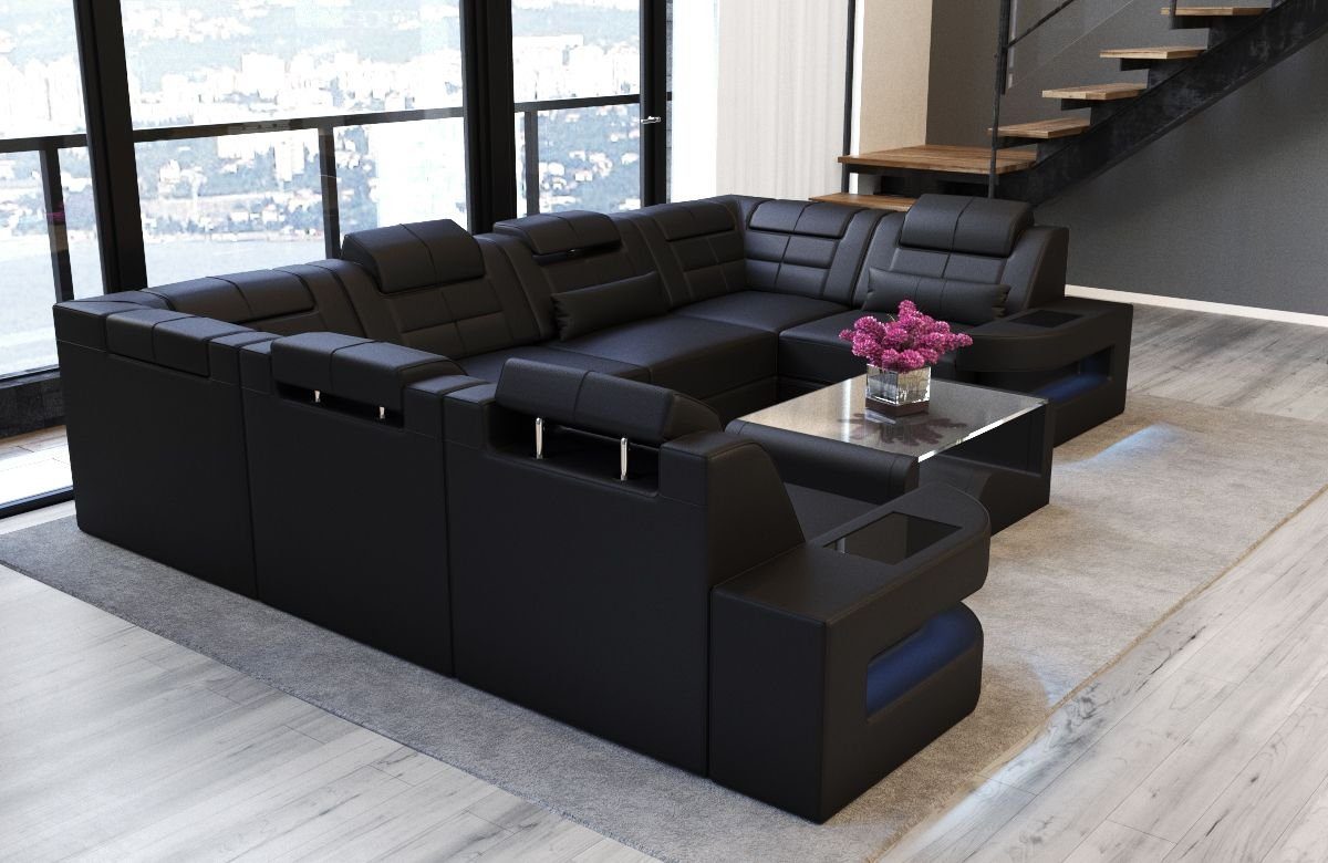 Sofa Dreams Wohnlandschaft Leder Ledercouch Sofa Como U Form Ledersofa, Couch, mit LED, wahlweise mit Bettfunktion als Schlafsofa, Designersofa