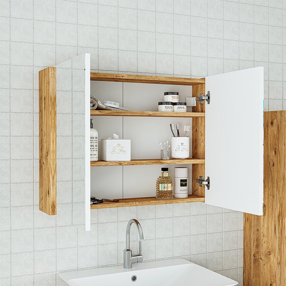 Roomart Badmöbel-Set, (Badmöbel Set 3-teilig 100cm Unterschrank mit Waschbecken Spiegelscrank)
