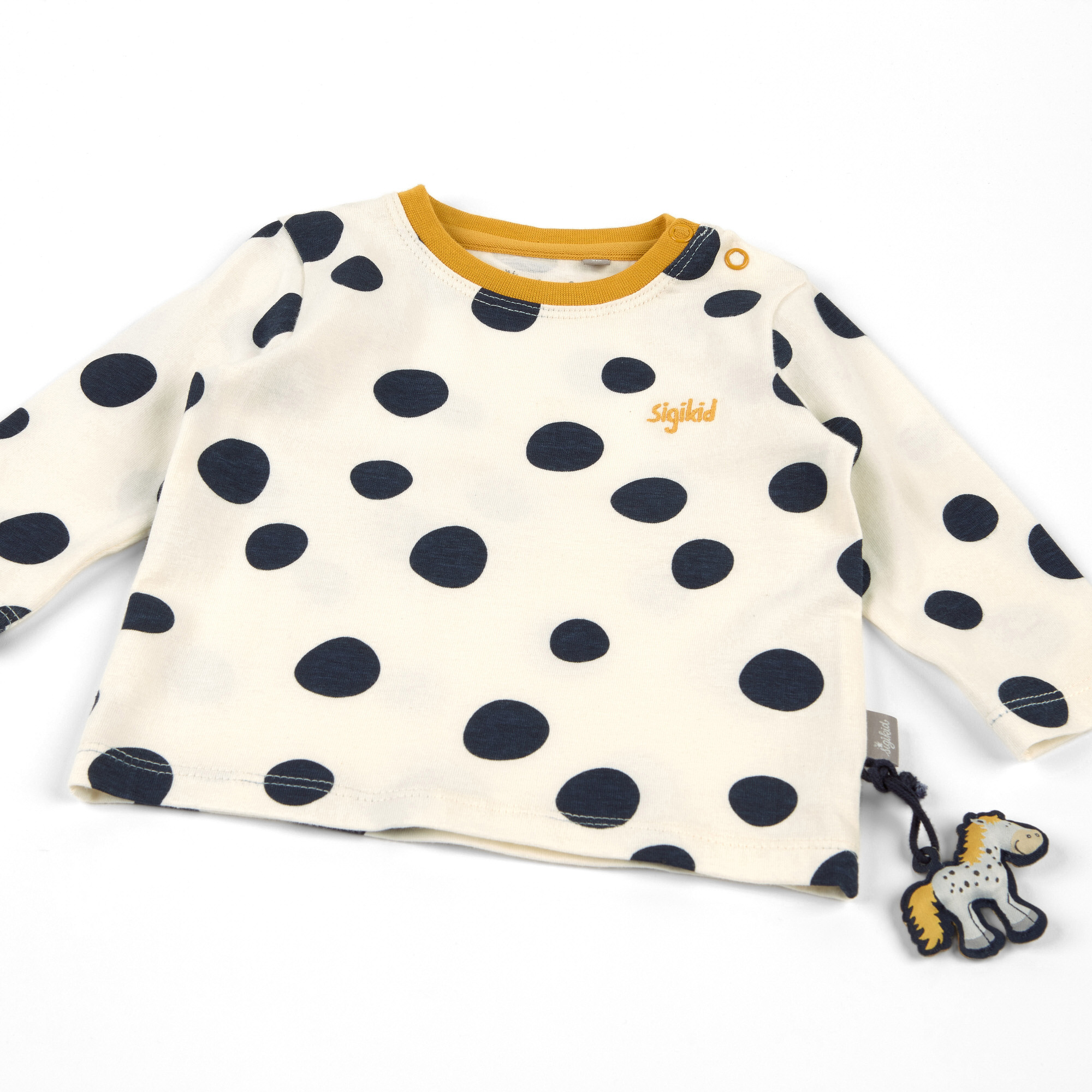 Weißes Baby Langarmshirt mit dunkelblauen Punkten
