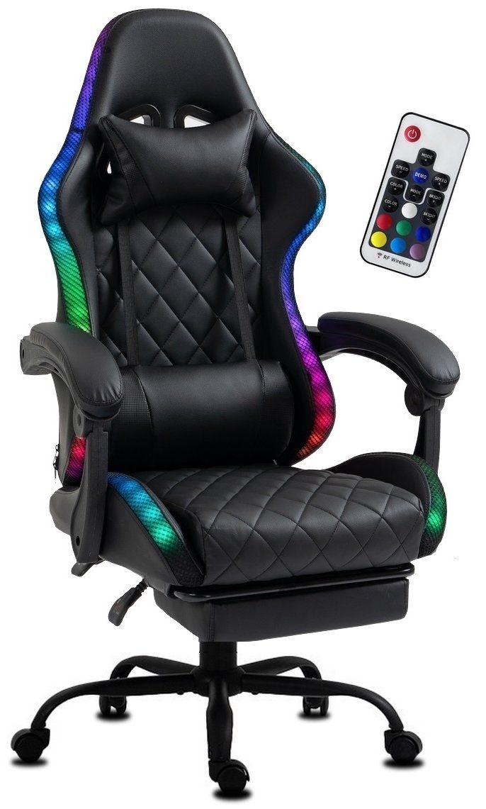 Delman Gaming-Stuhl Bürostuhl Gaming Stuhl mit LED, RGB Beleuchtung, Drehstuhl, dicke Polsterung, Metallfußkreuz, Fußstütze 02-0055