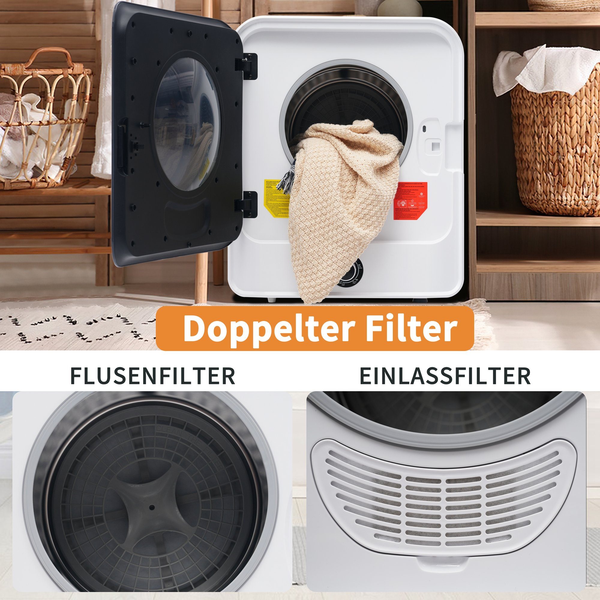 Fangqi Ablufttrockner Edelstahltrockner,Wäschetrockner,3kg, tatsächlich bis 4,5kg, 830W, 3 kg, Mehrfachfiltration, 5 Programme. Überhitzungsschutz, wandmontierbar