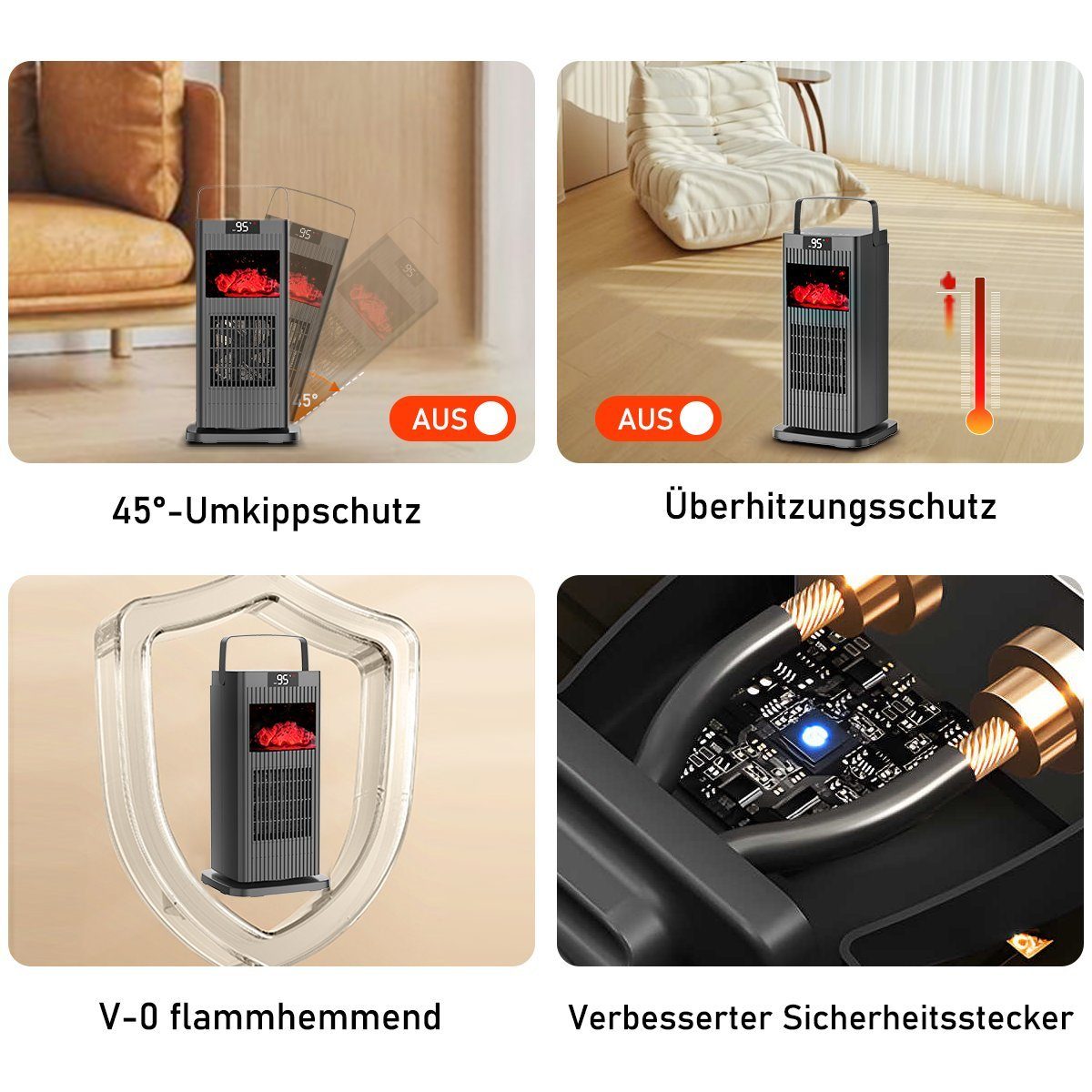 7Magic Heizlüfter Energiesparender Heizgerät 1500W Heizstrahler Leise Standheizstrahler, 1500 W, Elektro Kamin,90° Oszillierend Elektroheizung,12 Std. Timer