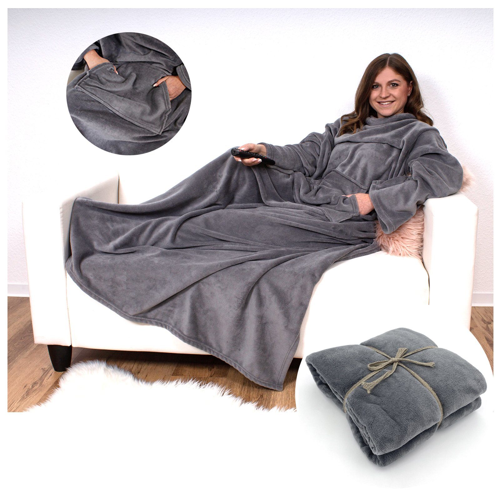 Wohndecke Kuschelig weich Ärmeldecke Ganzkörper Kuscheldecke, heimtexland, Sofadecke mit Ärmeln und Tasche I Cashmere Feeling TV-Decke