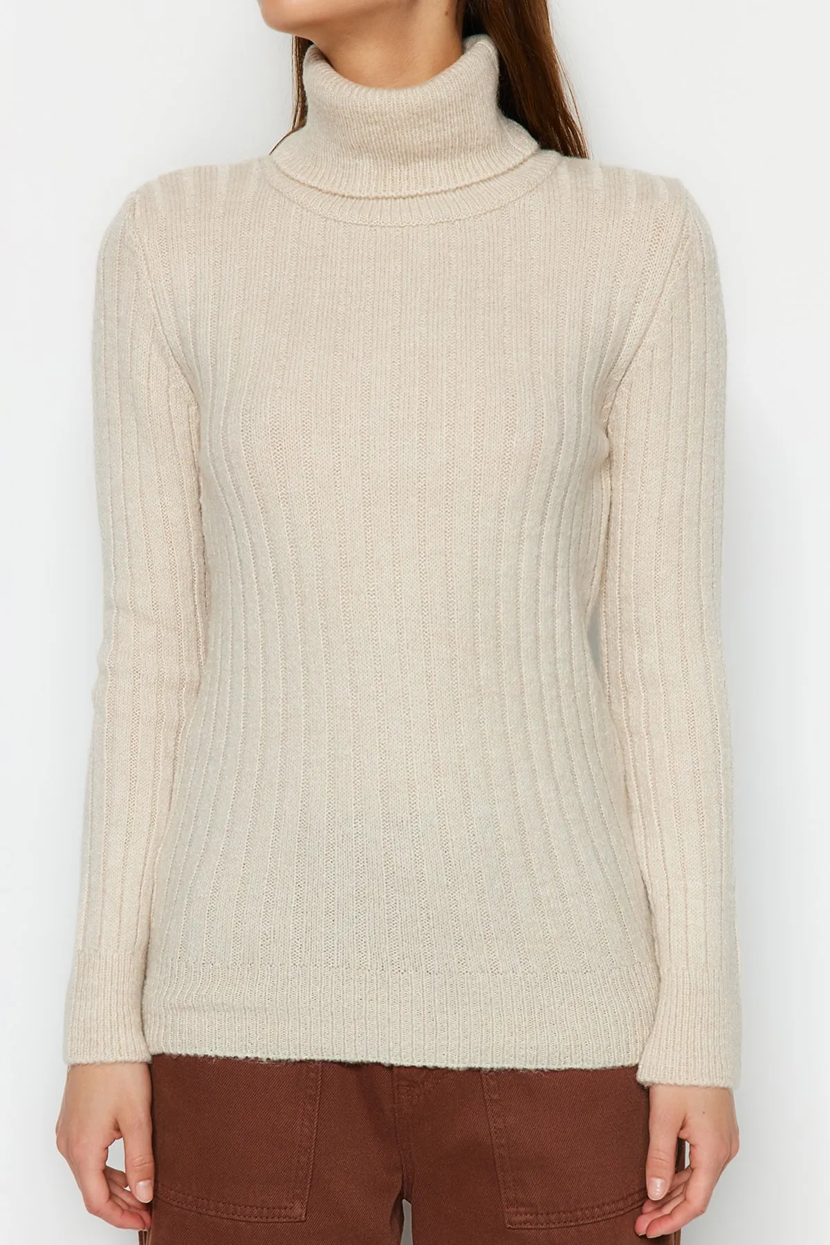 Trendyol Collection  Steinfarbener, weich strukturierter Basic-Strickpullover TWOAW20FV0133