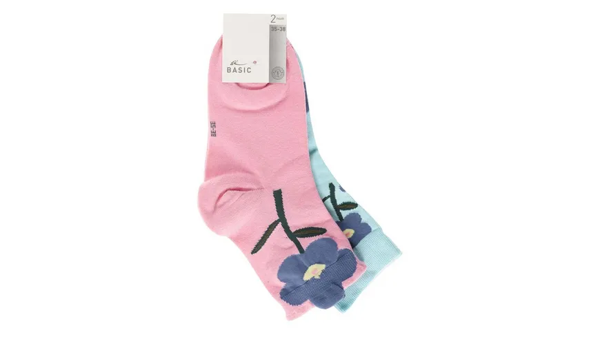 Damen Kurzsocken Blumen 2er Pack rosa/blau