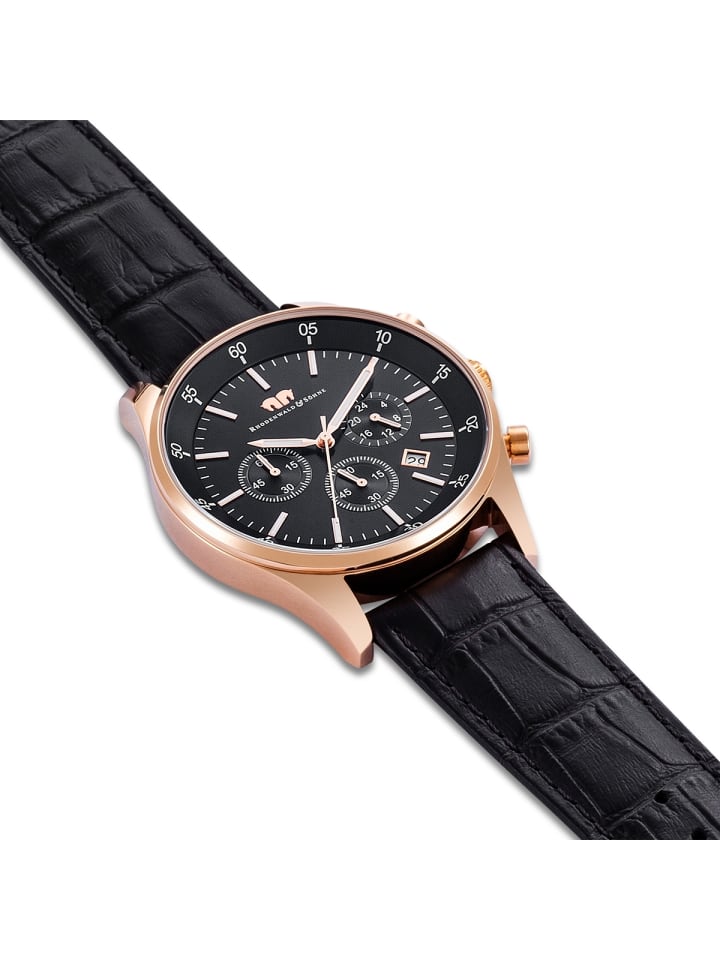 Rhodenwald & Söhne Herren Chronograph roségold Echtleder schwarz in schwarz günstig kaufen 21,5 cm