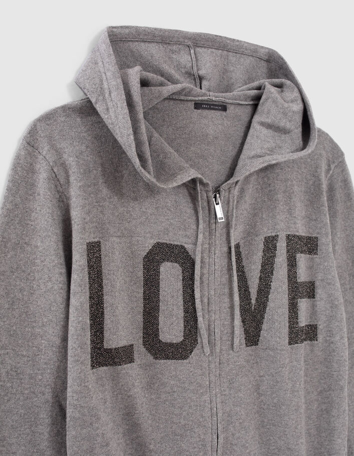 Cardigan gris tricot jacquard message devant dos Femme