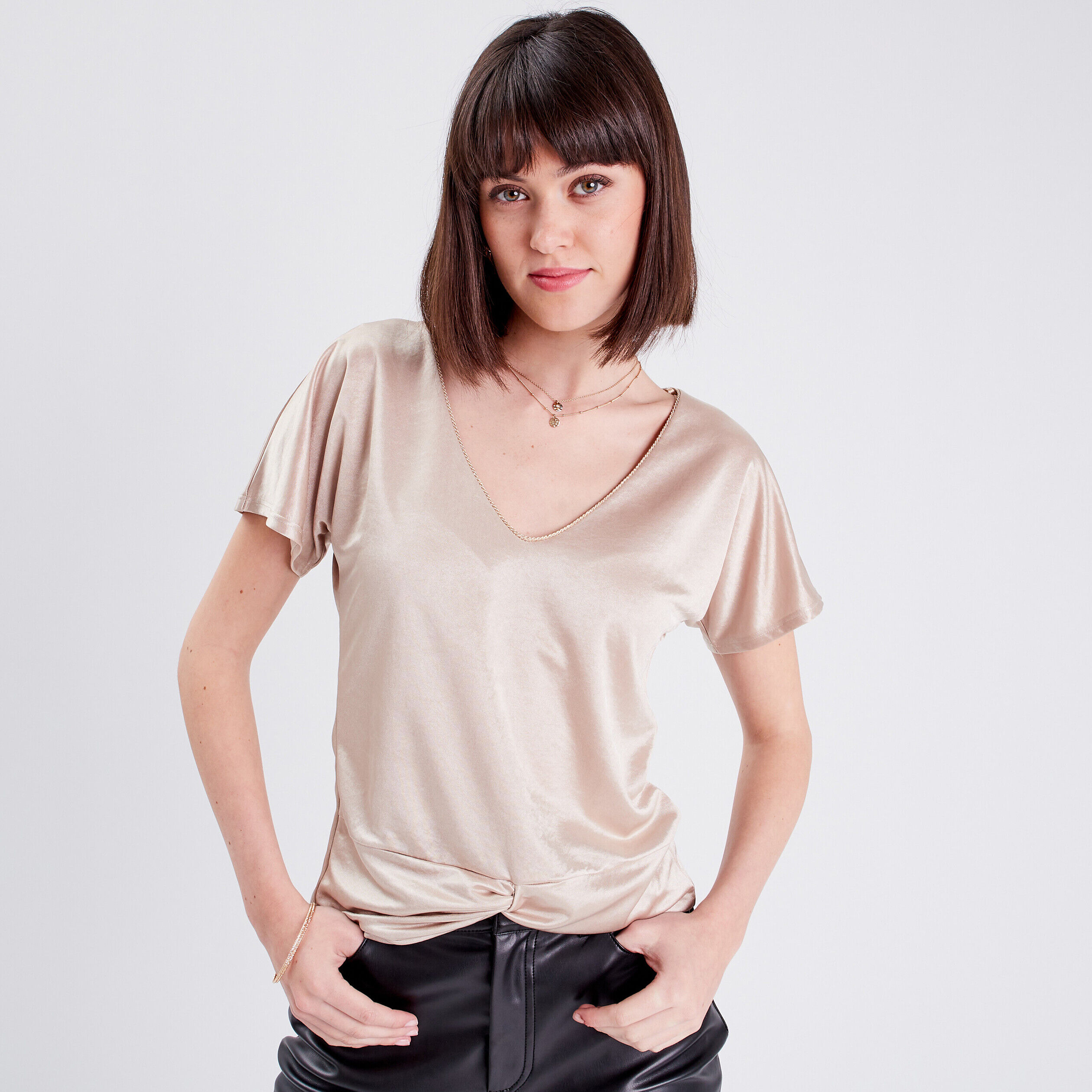 T-shirt manches courtes satiné couleur or femme | Cache Cache