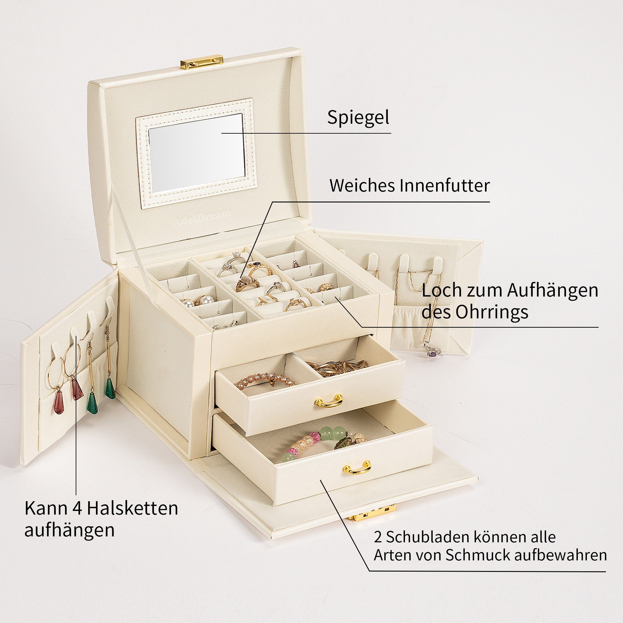 AdelDream Schmuckkasten YY-J05, 3 Ebenen, 2 Schubladen, 3 Farben, mit Spiegel, viel Stauraum