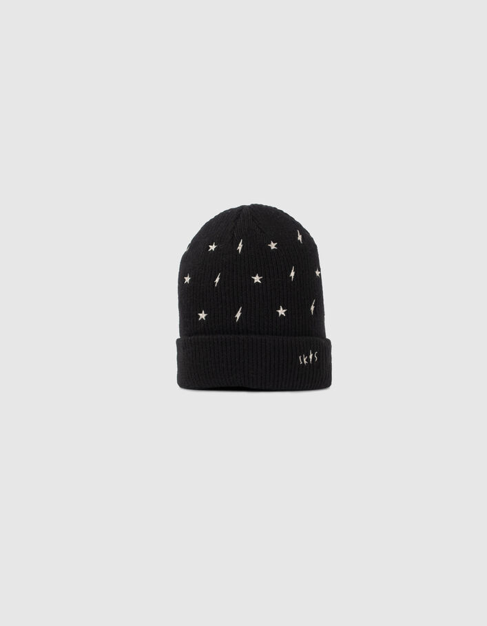 Bonnet noir tricot brodé étoiles et éclairs dorés fille