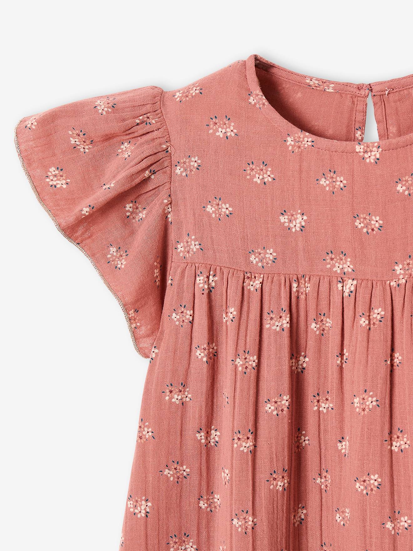 Robe fille en gaze de coton imprimée manches papillon tomette