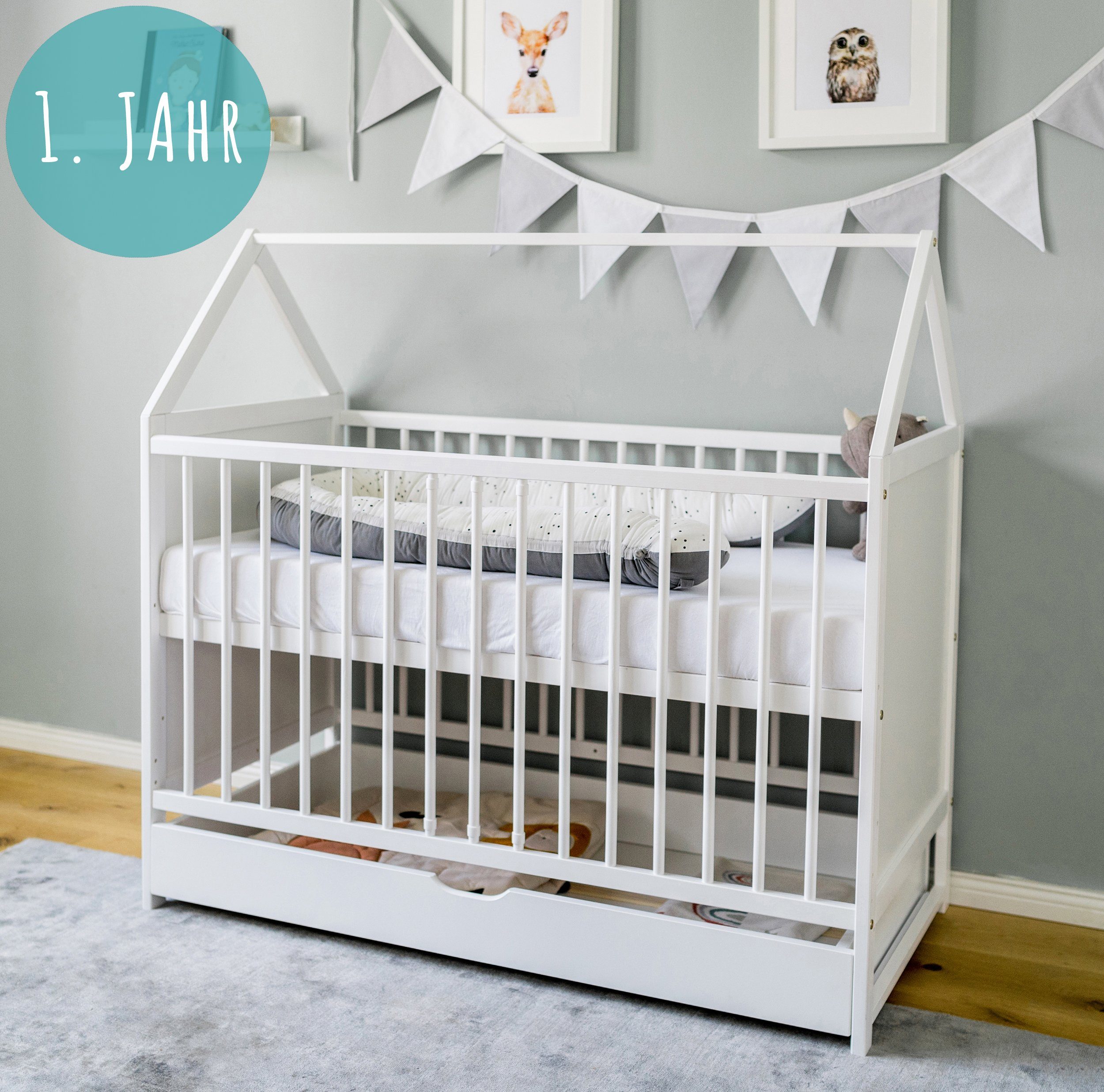 Kids Collective Babybett 60x120 cm Beistellbett Kinderbett und Hausbett, mit Schublade, vielfältig umbaubar zu Juniorbett, Kiefernholz, optional mit Matratze