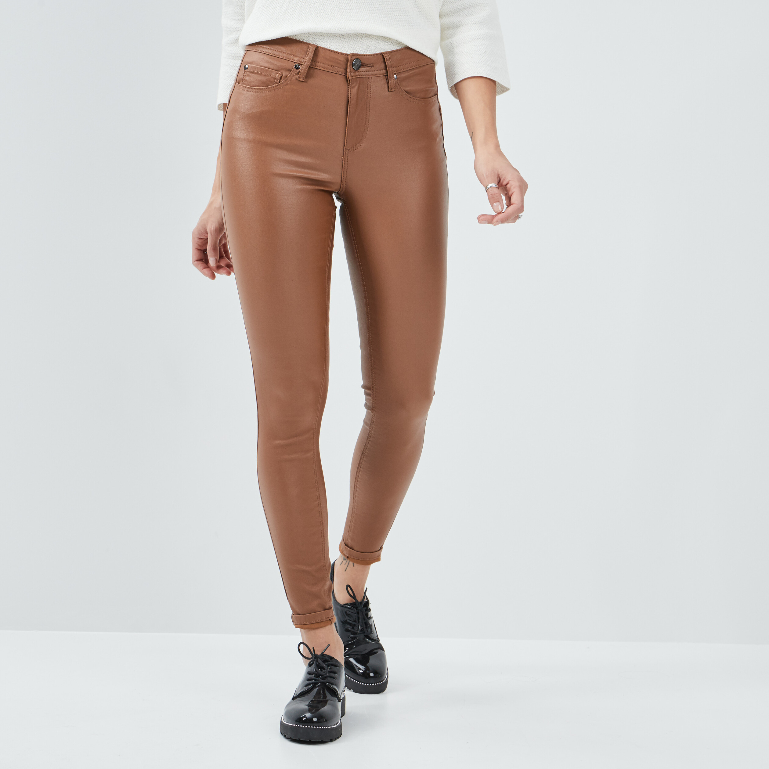 Pantalon enduit skinny push up camel femme | La Halle