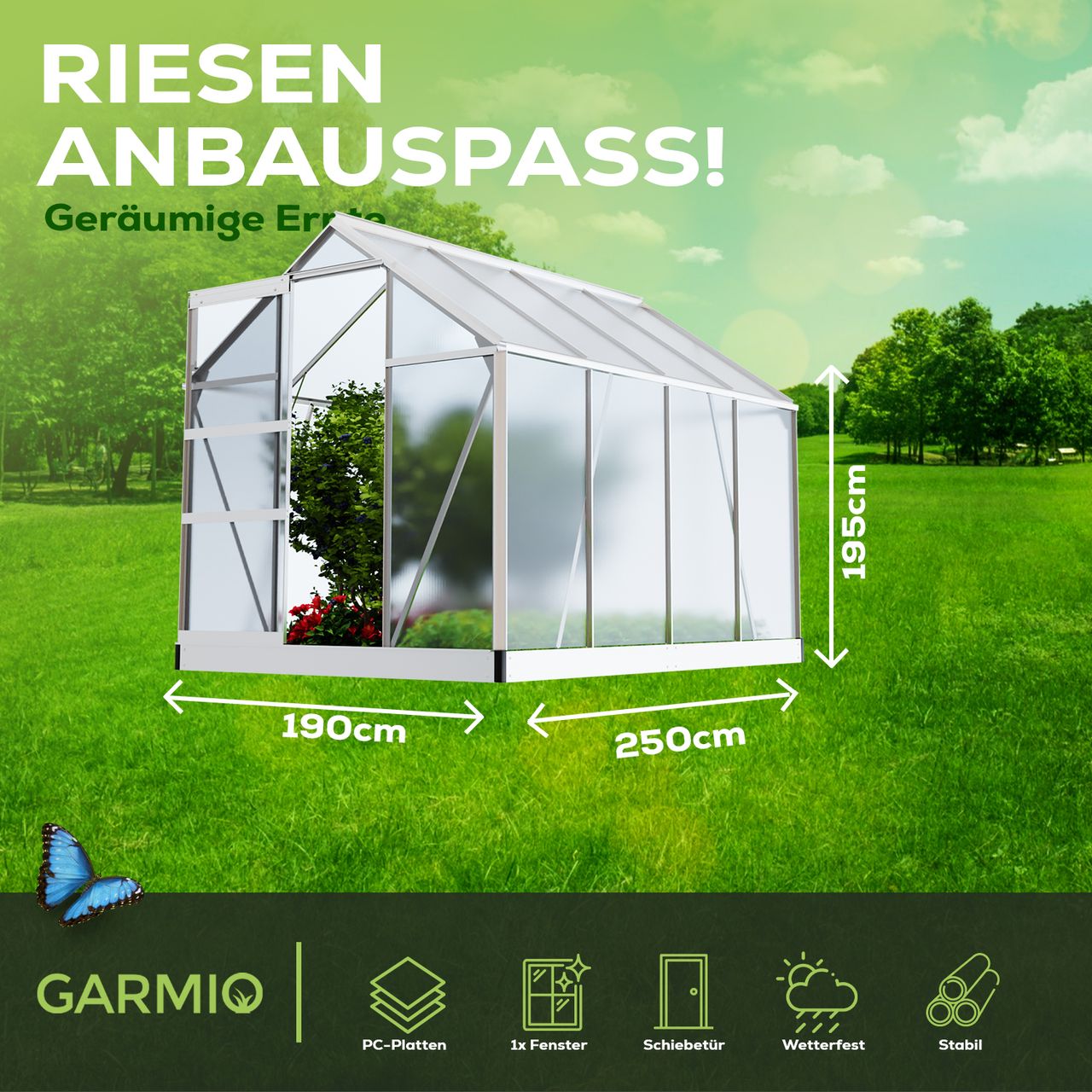 Garmio Gewächshaus NEAPEL 250x190cm für Garten,Alu Frühbeet inklusive Fundament,2 Dachfenster