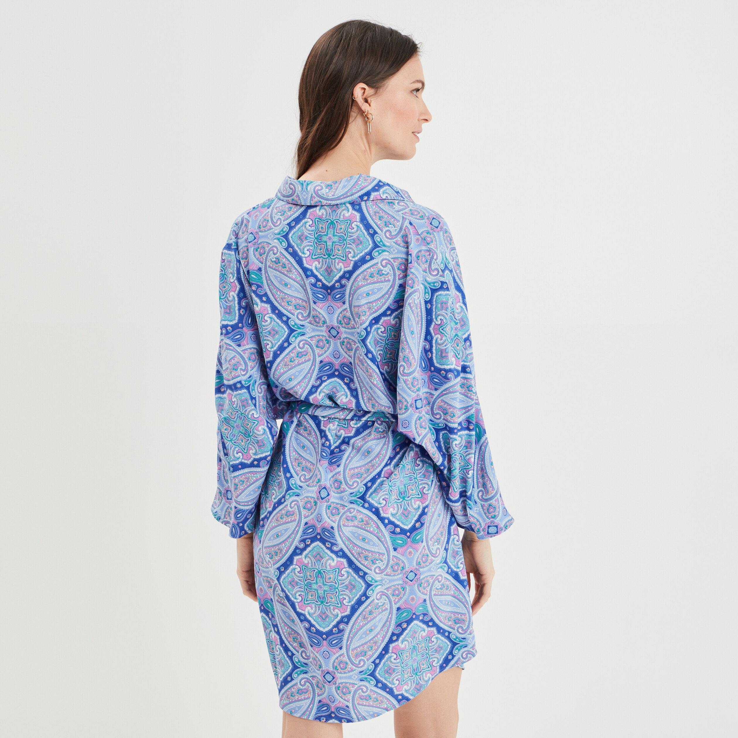 Robe chemise droite fluide ceinturée bleu femme | La Halle
