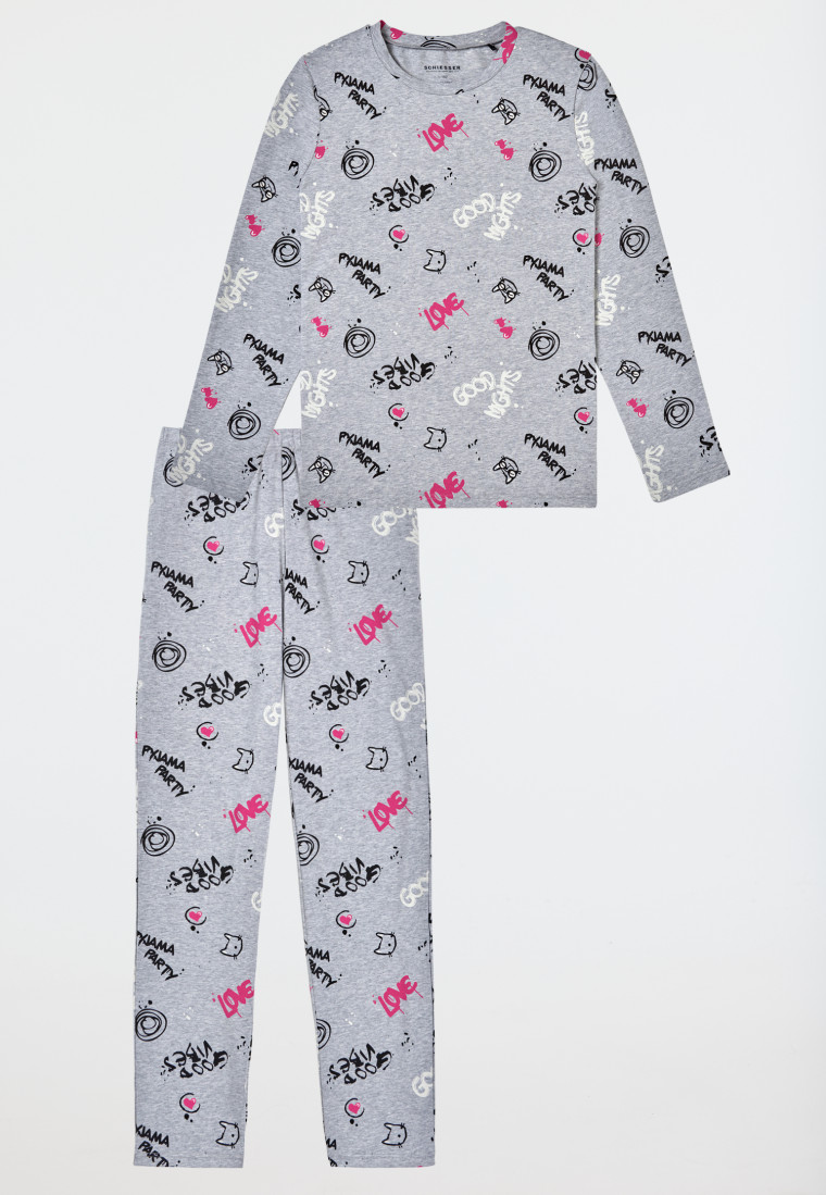 Schlafanzug lang Graffiti grau-meliert - Nightwear