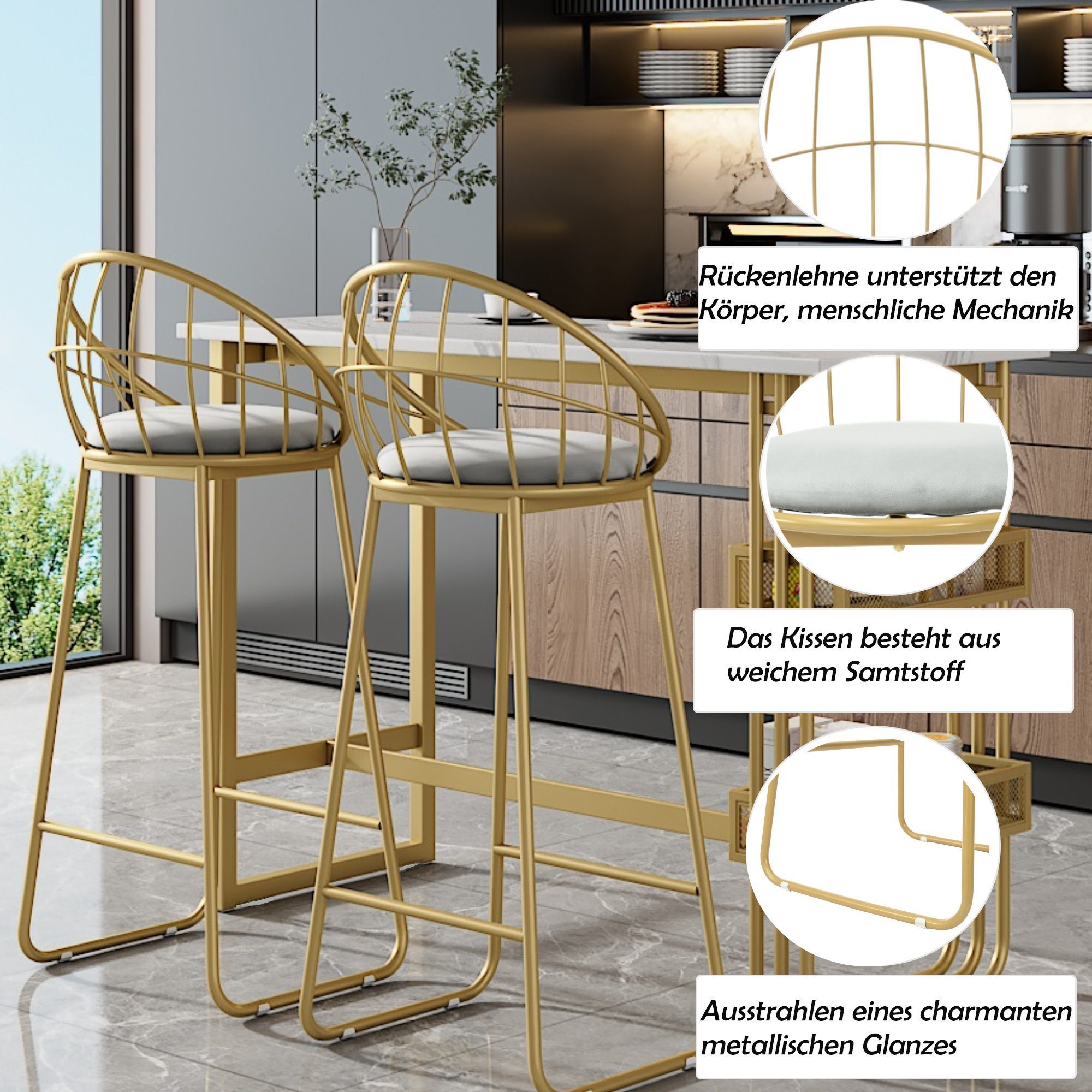 REDOM Bargruppe Stehtisch mit Lagerregal Barstühle Samt ​, (3-tlg), Bartisch mit 2er BarHocker Set