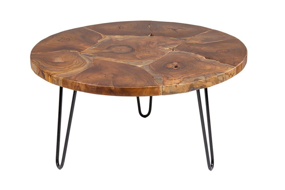 riess-ambiente Couchtisch MOSAIK Ø70cm natur / schwarz (Einzelartikel, 1-St), Wohnzimmer · Massivholz · rund · handmade · Hairpin Legs aus Metall