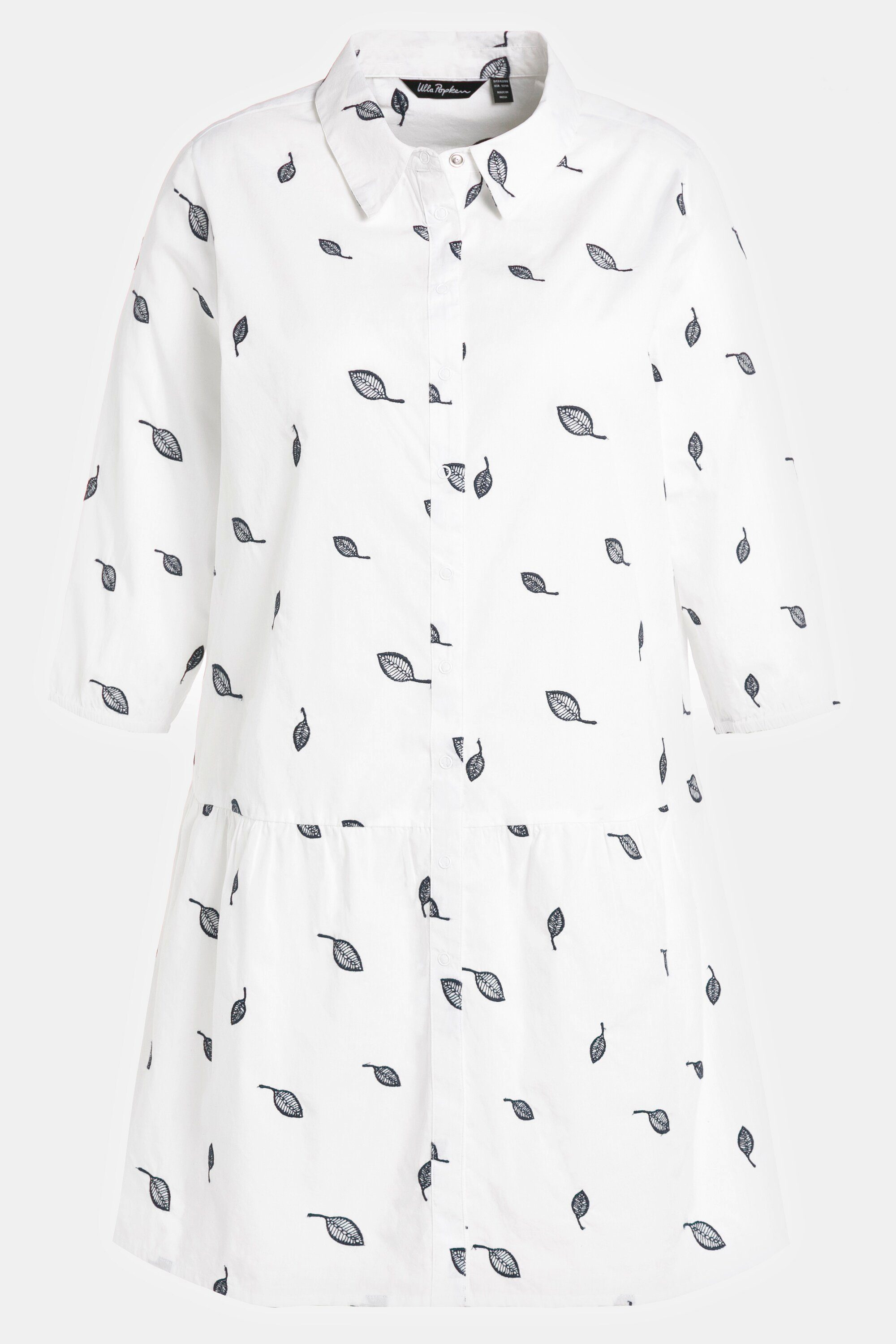Ulla Popken Tunika Bluse Blätterstickerei A-Linie Hemdkragen 3/4-Arm
