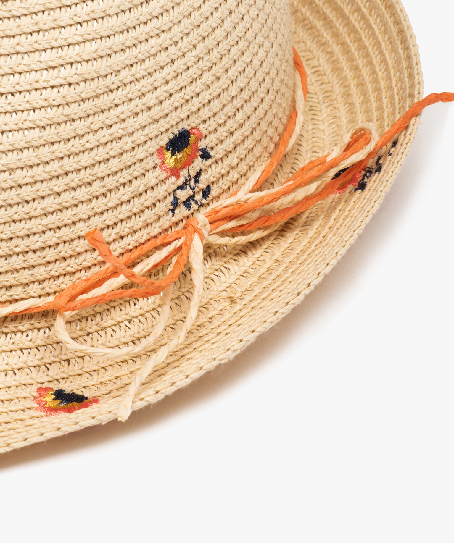 Chapeau fille en paille avec broderies fleuries beige | GEMO