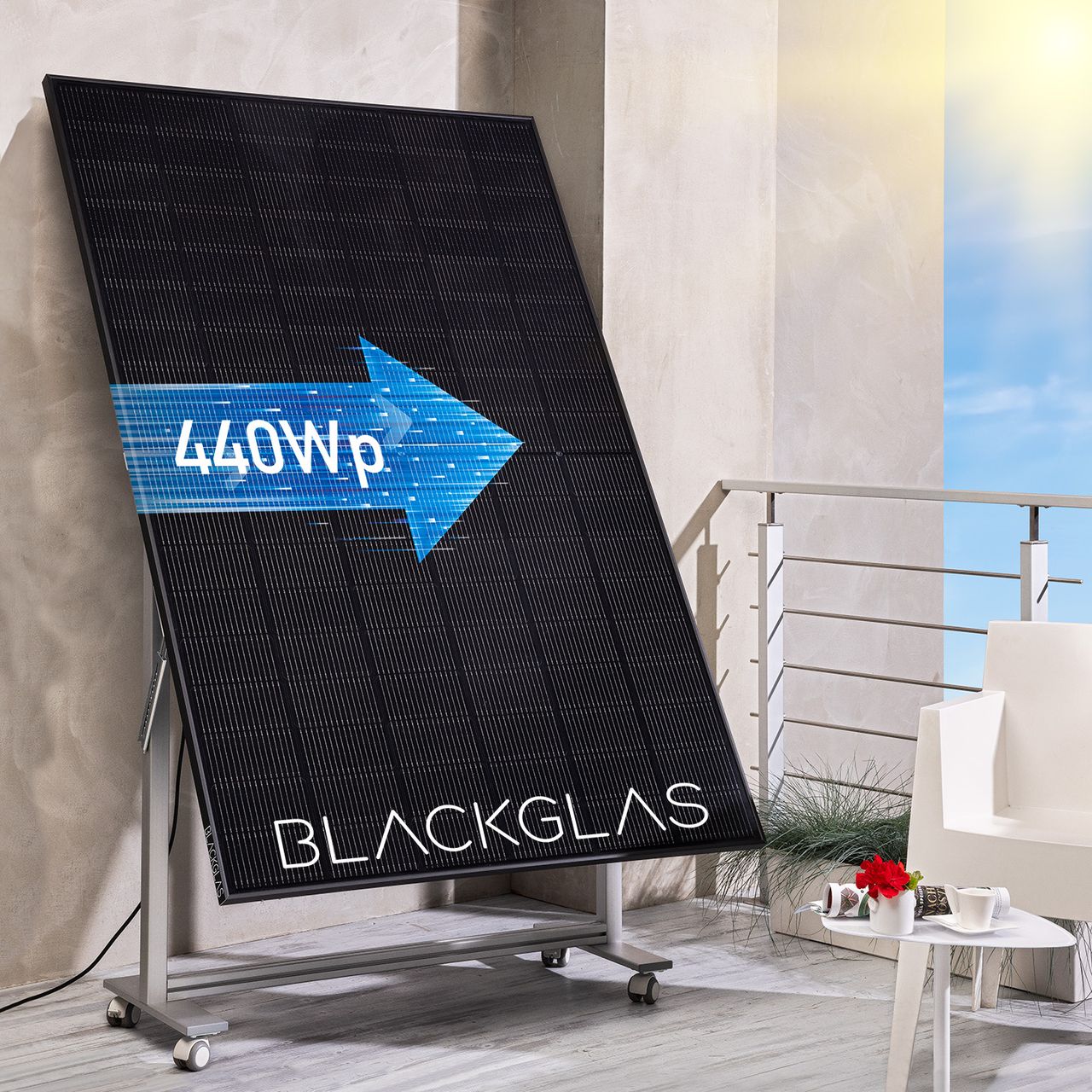 BLACKGLAS SolarScreen ECOmirrorPRO-440Wp-FBGG Hochformat, Bifacial, 7-stufig verstellbar, mit Rollen, BKW