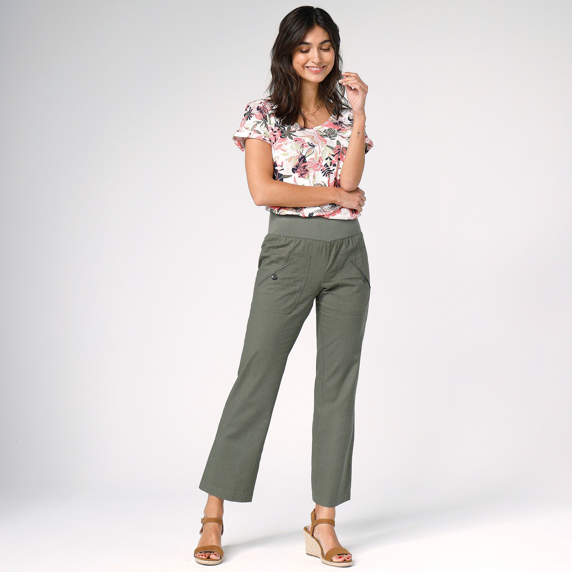 Pantalon coupe droite 7/8ème taille élastiquée, lin coton