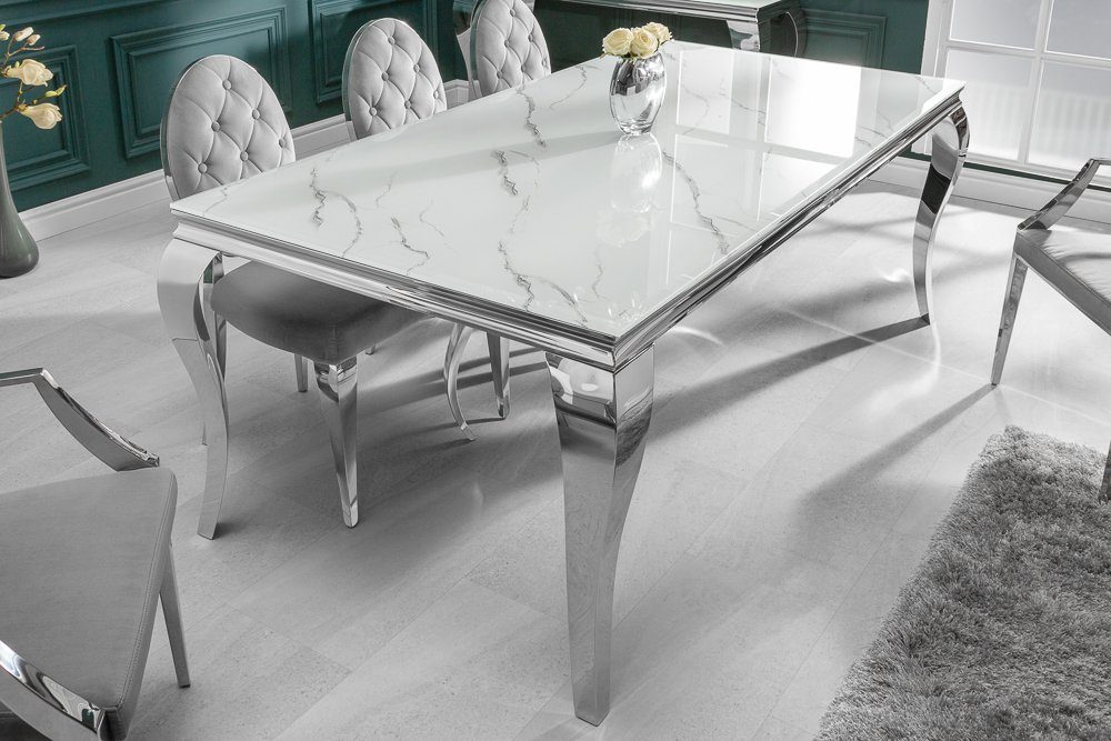 riess-ambiente Esstisch MODERN BAROCK 200cm grau / weiß, Esszimmer · Glas · Edelstahl · Marmor-Optik · Design