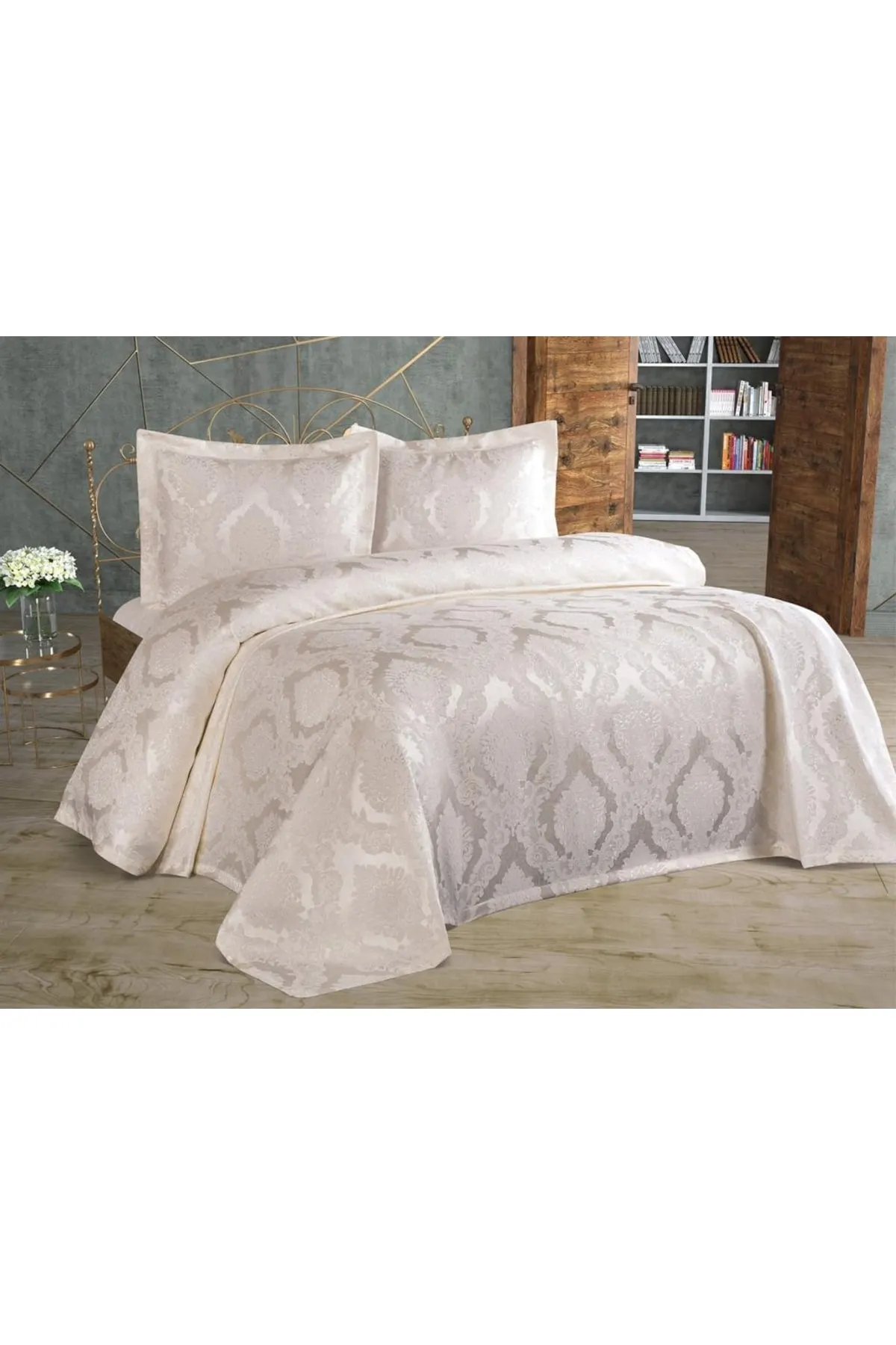 Çeyiz Diyarı  Şulem Jacquard-Chenille-Einzelbettdecke, Creme
