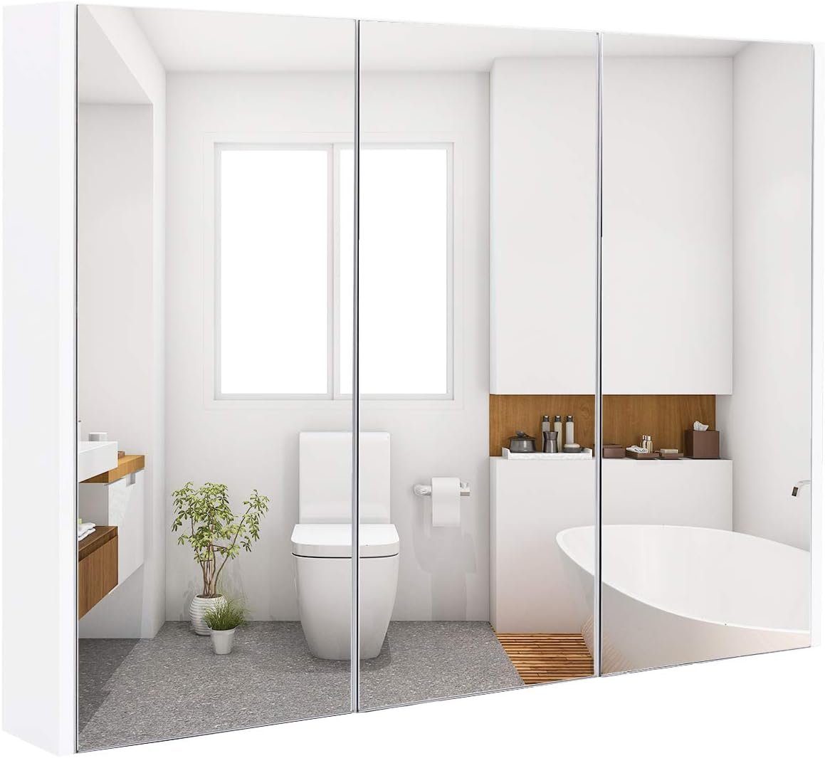 KOMFOTTEU Spiegelschrank mit 3 Türen mit Spiegel, 65 x 11 x 90 cm