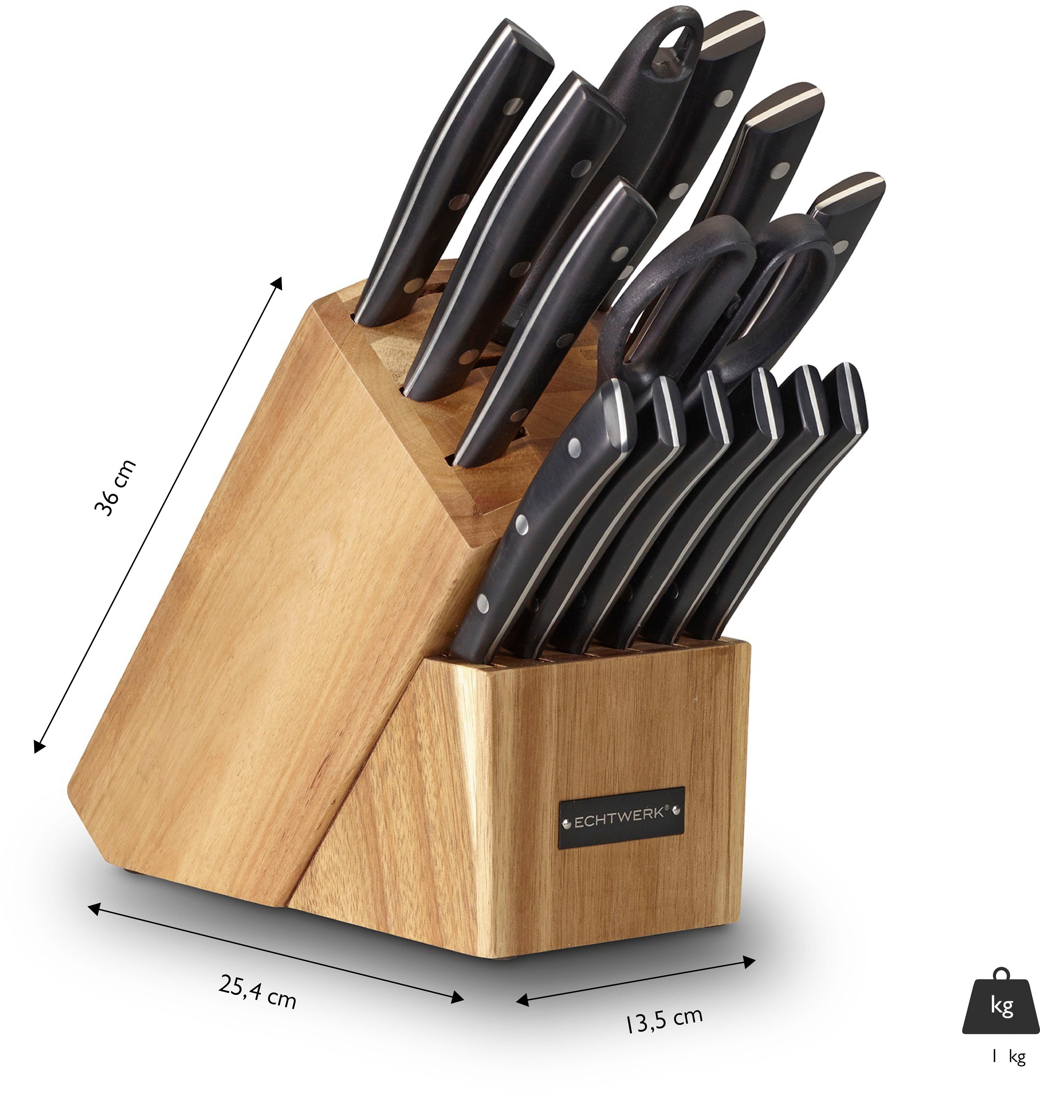 ECHTWERK Messerblock Premium (15tlg), aus Akazienholz mit Gummifüßen, Messer Set aus Klingenstahl, 15tlg