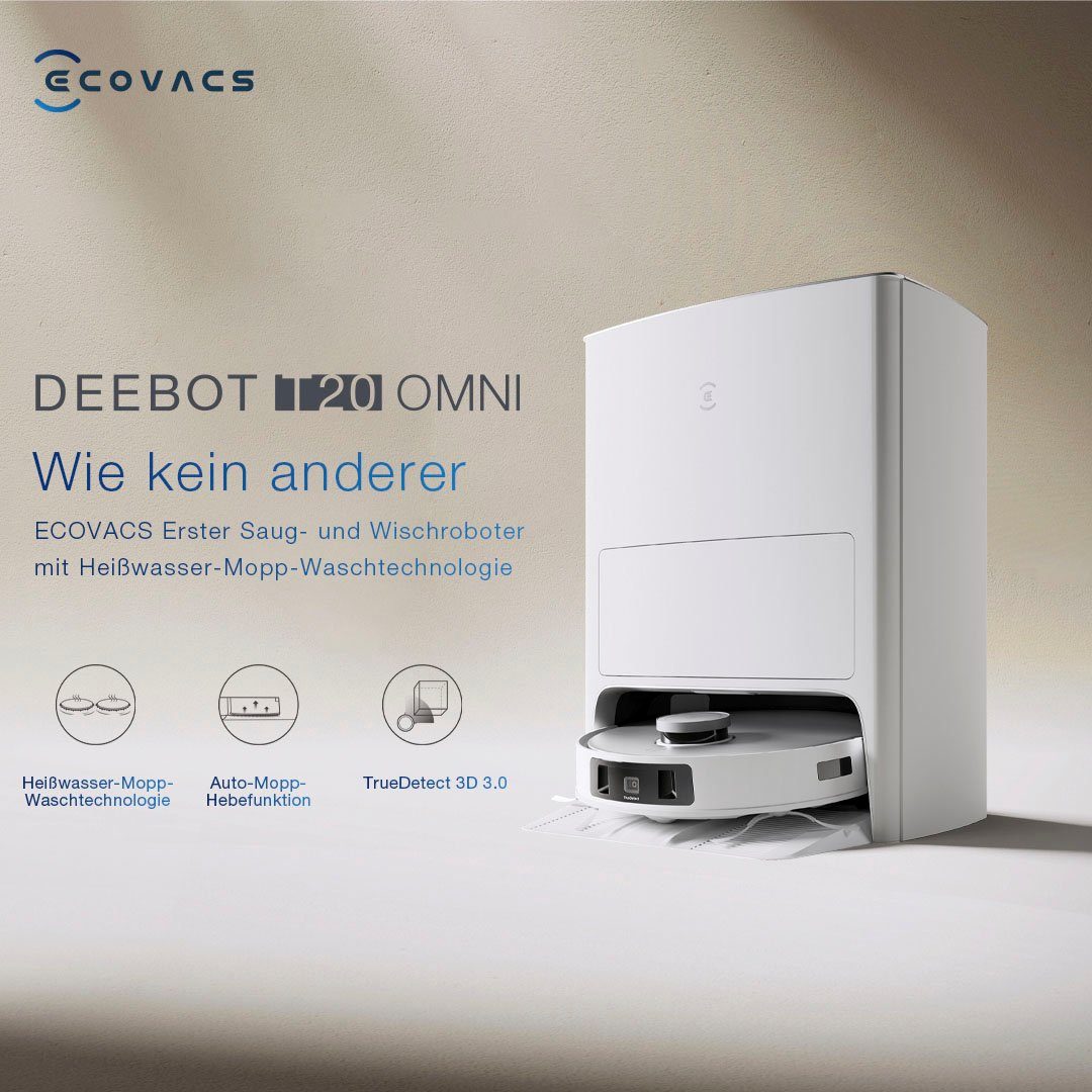 ECOVACS Nass-Trocken-Saugroboter DEEBOT T20 OMNI, 45 W, 6000PA, Auto-Mopp-Hebefunktion, OMNI Reinigungsstation, Weiss/Silber