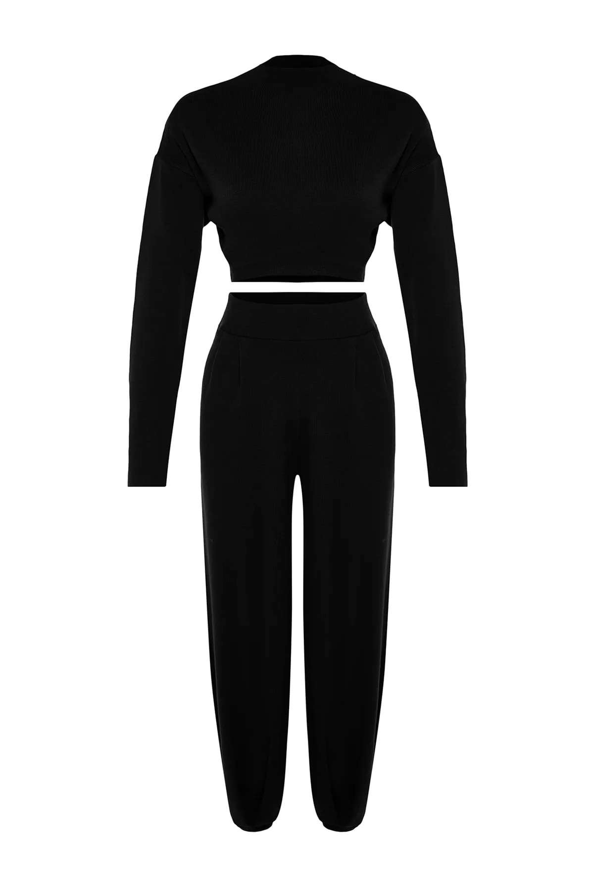 Trendyol Collection  Schwarzes Super Crop Basic Strickoberteil und -unterteil-Set mit Stehkragen TWOAW24AU00007