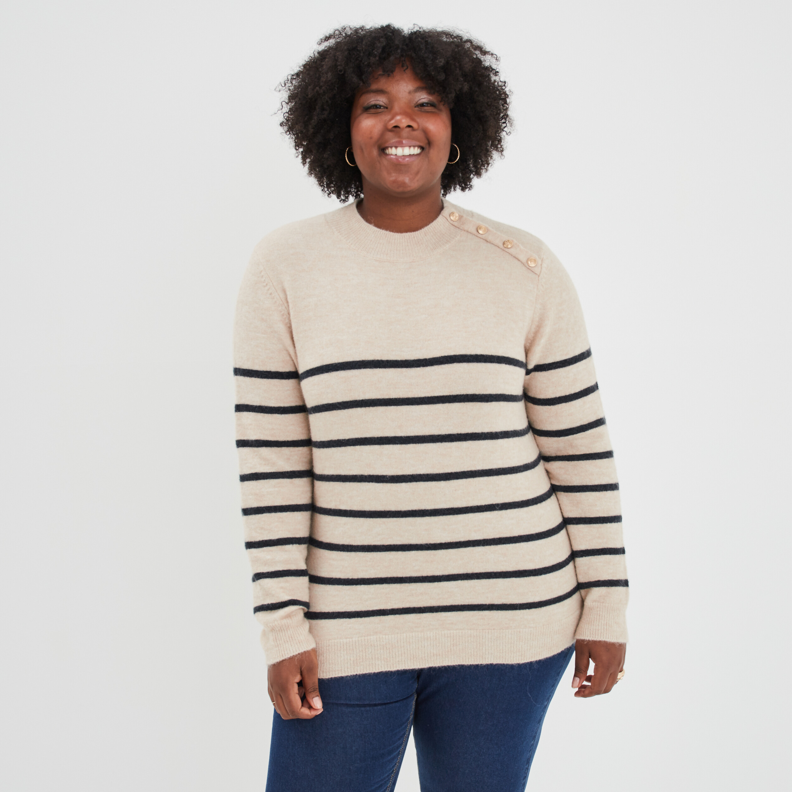 Pull marinière droit avec boutons gris femme grande taille | La Halle